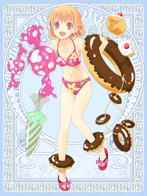 toshiya, silver rain, 1girl, bikini, blonde hair, candy, donut, female focus, flip-flops, food, pink bikini, red eyes, sandals, solo, swimsuit, umbrella