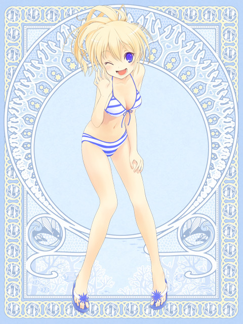 toshiya, silver rain, 1girl, bikini, blonde hair, blue eyes, female focus, flip-flops, one eye closed, sandals, smile, solo, swimsuit, wink