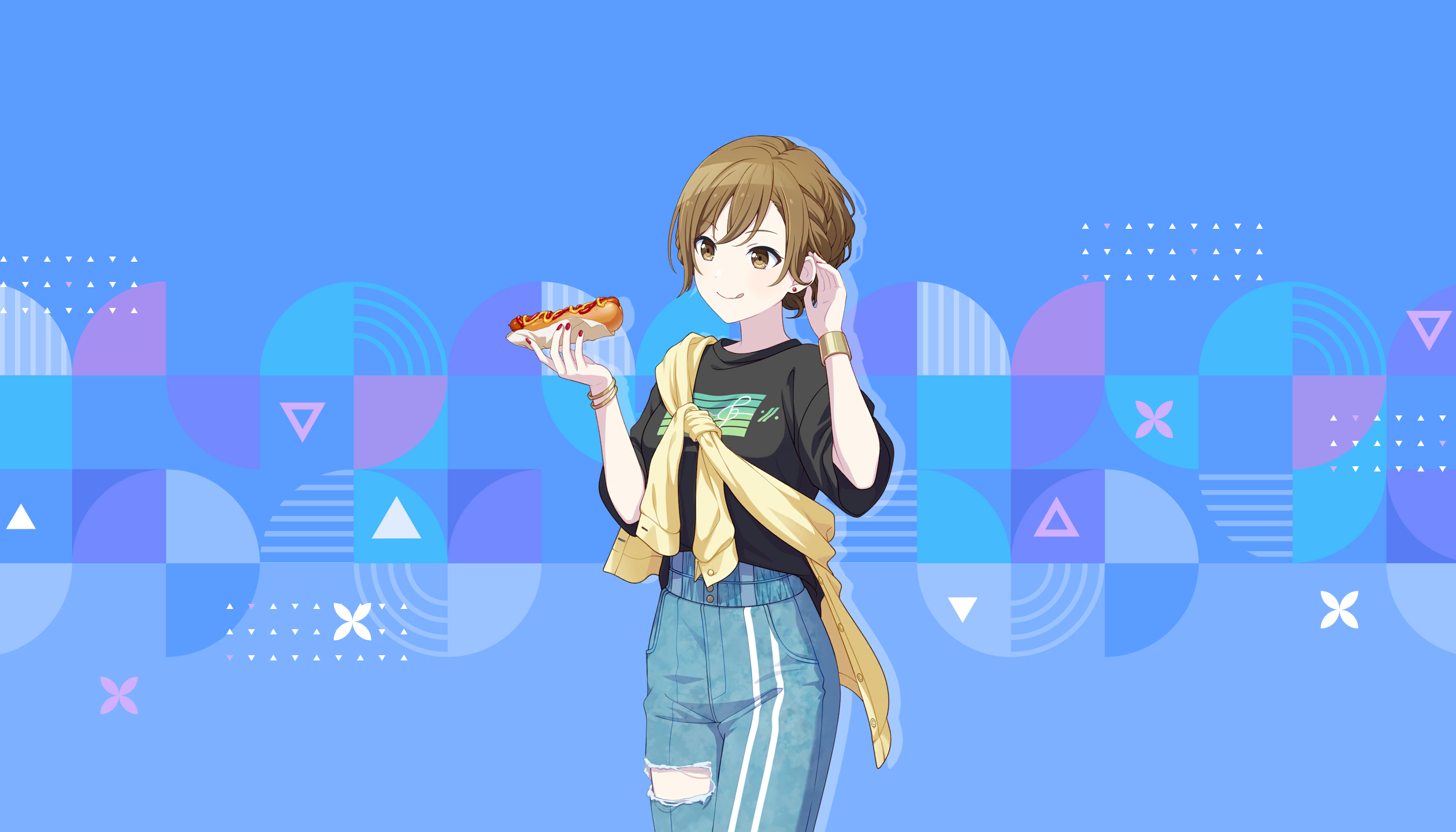 colorful palette, meiko (vocaloid), project sekai, vocaloid, game cg, highres, official art, third-party source, 1girl, :q, alternate costume, alternate hairstyle, black shirt, blue background, blue pants, brown eyes, brown hair, ear piercing, food, holding, holding food, hot dog, ketchup, mustard, pants, piercing, shirt, solo, t-shirt, tongue, tongue out, torn clothes, torn pants, triangle