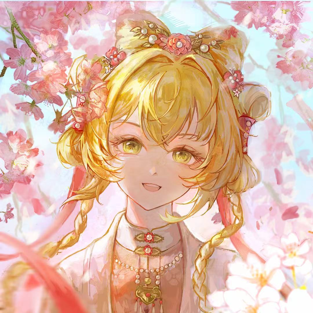 sotheby, sotheby (the red thread of fate), reverse:1999, 1girl, :d, blonde hair, braid, branch, chinese clothes, flower, green eyes, hair flower, hair ornament, hanfu, looking at viewer, low twin braids, open mouth, pink flower, pink hanfu, portrait, shiyu (8758858463), shuangyaji, smile, solo, teeth, twin braids, upper teeth only