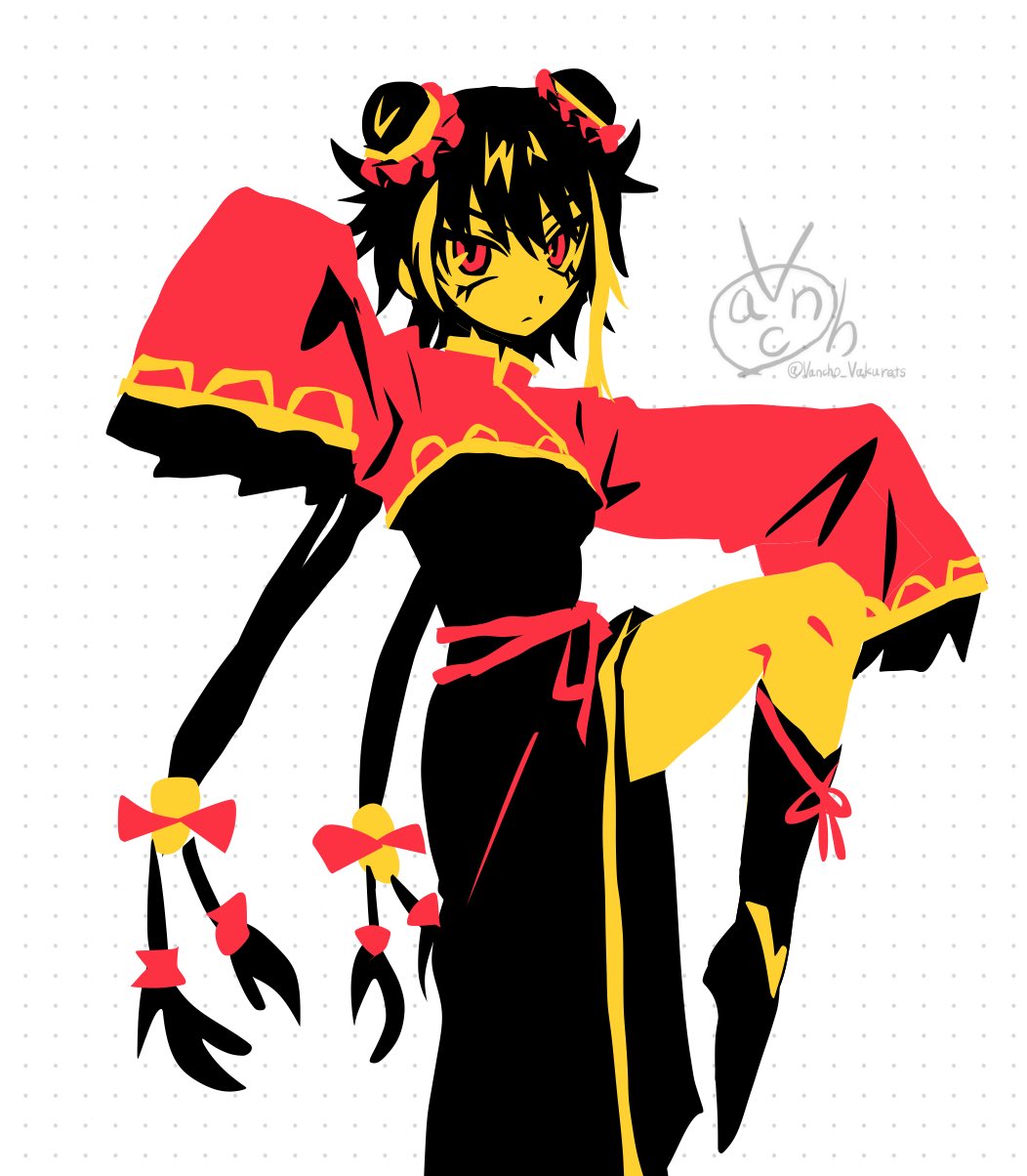 vancho vakurets, jia xichun (project moon), limbus company, project moon, highres, 1girl, black dress, black hair, black shoes, chinese clothes, colored skin, double bun, dress, hair bun, limited palette, long hair, looking at viewer, multicolored hair, red shrug, rope belt, shoes, shrug (clothing), simple background, solo, standing, streaked hair, twintails, upper body, white background, yellow skin