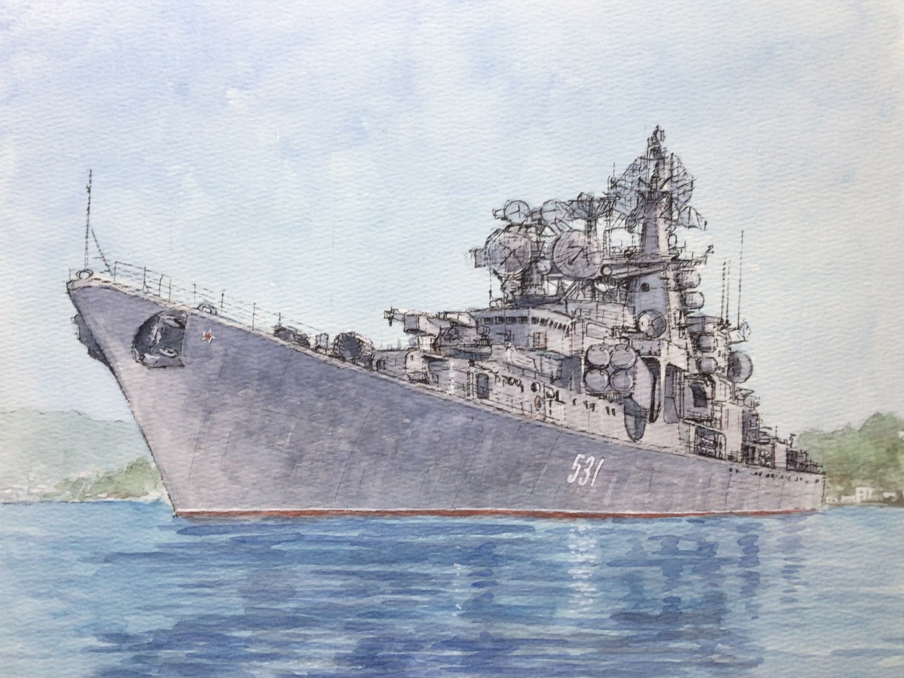 atelier bono, original, commentary request, highres, painting (medium), traditional media, watercolor (medium), blue sky, cloud, cruiser, lazar kaganovich (cruiser), mast, military vehicle, no humans, ocean, outdoors, radar, rocket launcher, scenery, ship, sky, soviet navy, vehicle focus, warship, watercraft, waves, weapon