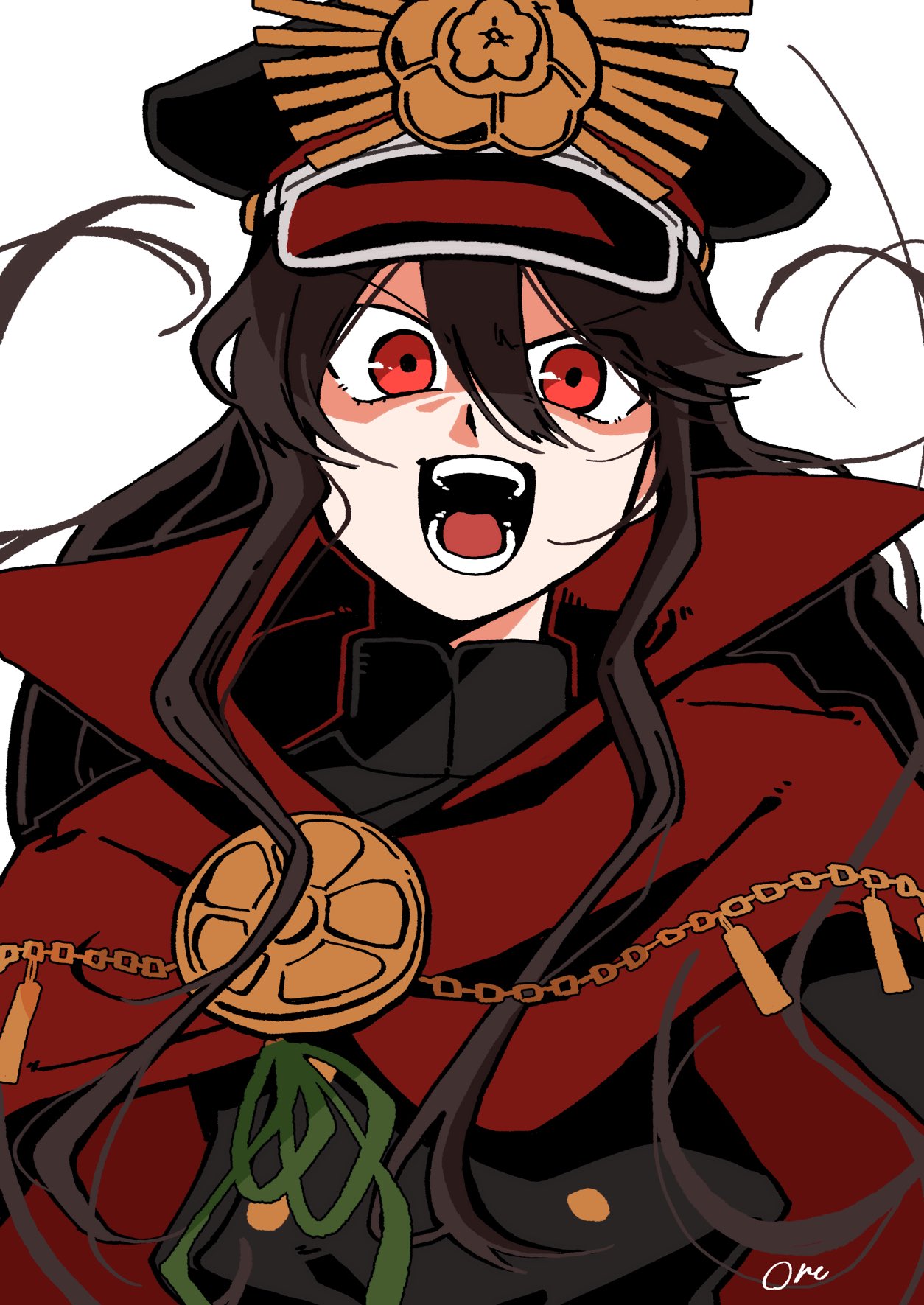 goma1021, oda nobunaga (fate), oda nobunaga (koha-ace), fate/grand order, fate (series), koha-ace, commentary request, highres, 1girl, black hair, black hat, buttons, cape, grey background, hair between eyes, hat, high collar, long hair, looking at viewer, military hat, military uniform, open mouth, red cape, red eyes, signature, simple background, solo, teeth, tongue