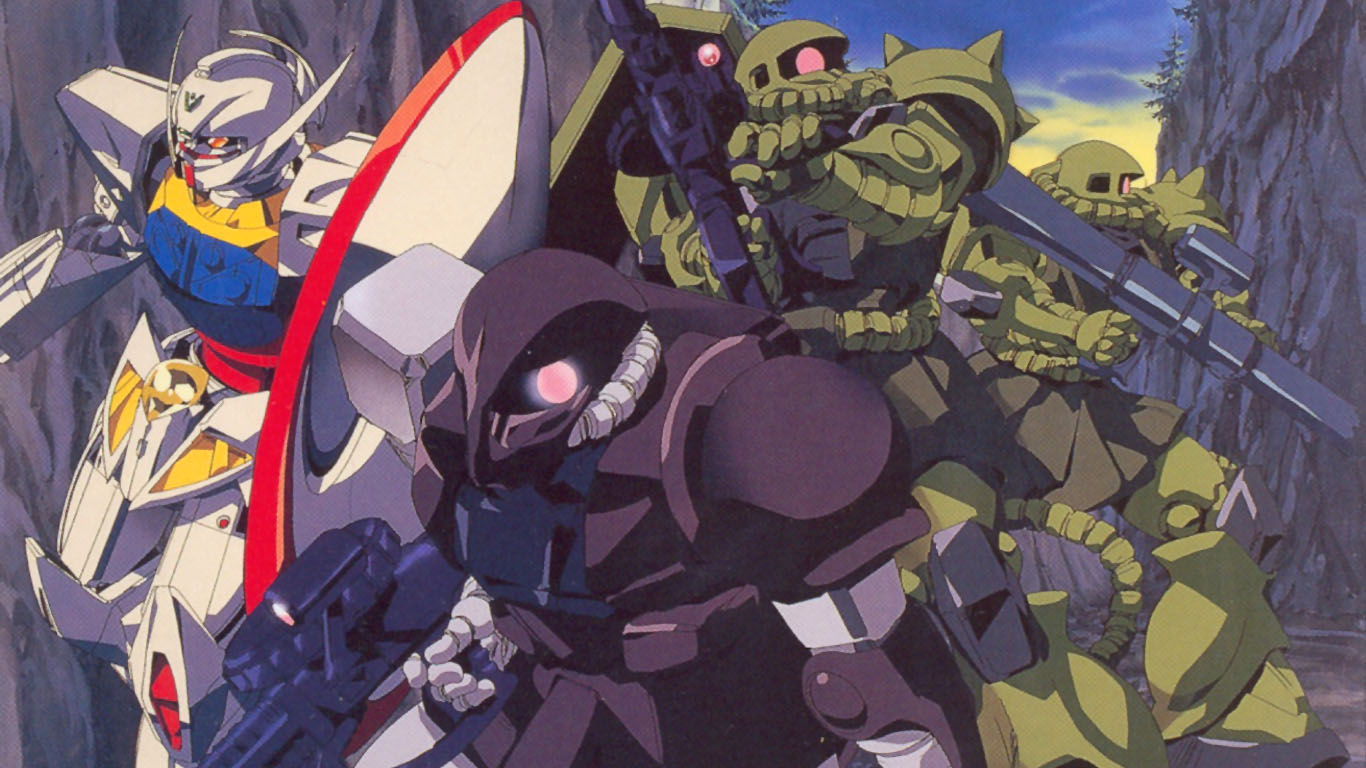 borjarnon, borjarnon gavane gooney custom, turn a gundam (mobile suit), zaku, zaku ii, gundam, turn a gundam, official art, scan, gun, m1 bazooka, machine gun, mecha, robot, rocket launcher, shield, weapon