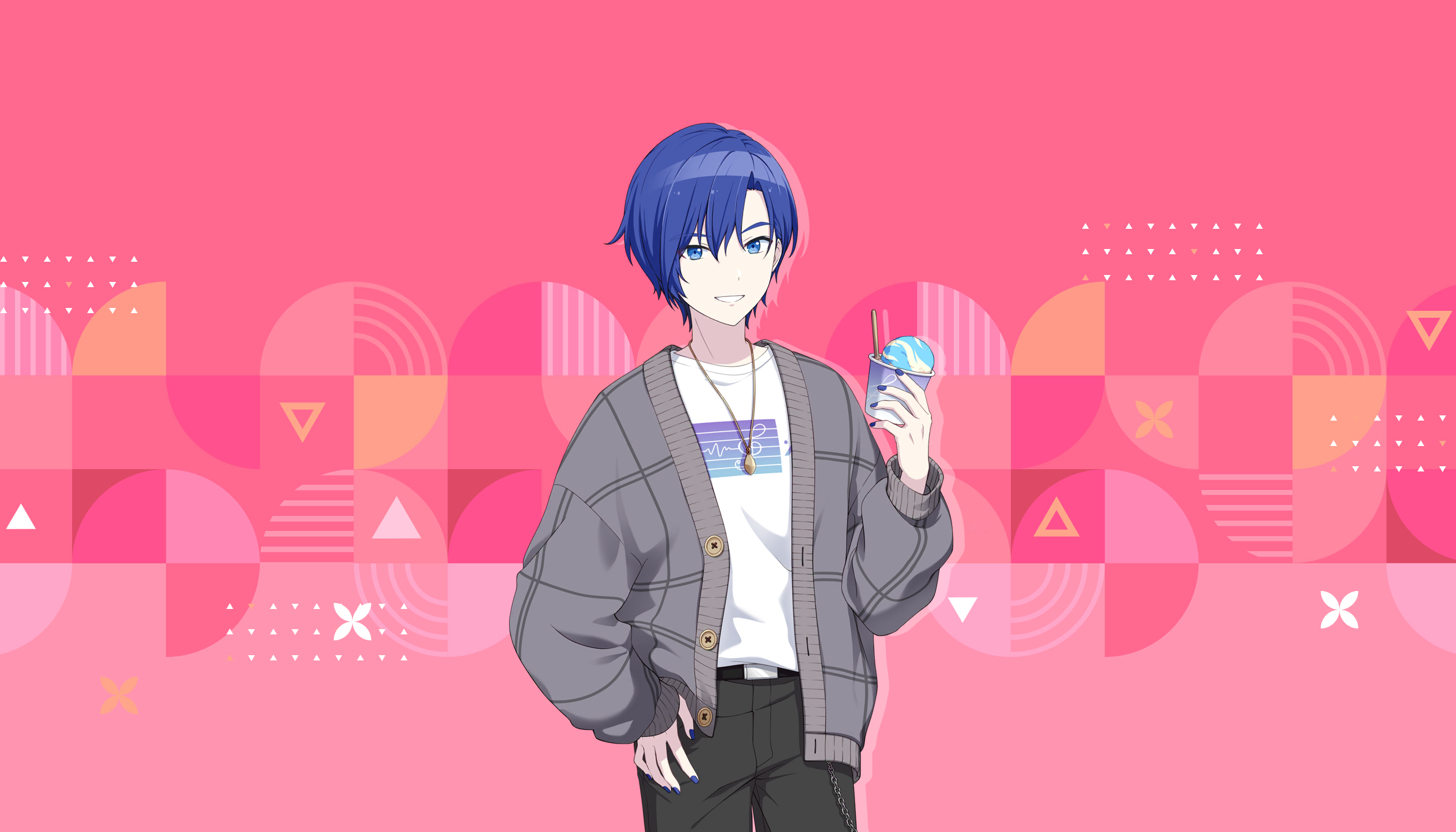 colorful palette, kaito (vocaloid), project sekai, vocaloid, game cg, highres, official art, third-party source, 1boy, :d, alternate costume, belt, black belt, black pants, blue eyes, blue hair, blue nails, cardigan, cup, fingernails, food, grey cardigan, grin, hair between eyes, holding, holding cup, ice cream, jewelry, looking at viewer, male focus, nail polish, necklace, open cardigan, open clothes, open mouth, pants, pink background, shirt, smile, solo, spoon, t-shirt, teeth, triangle, white shirt