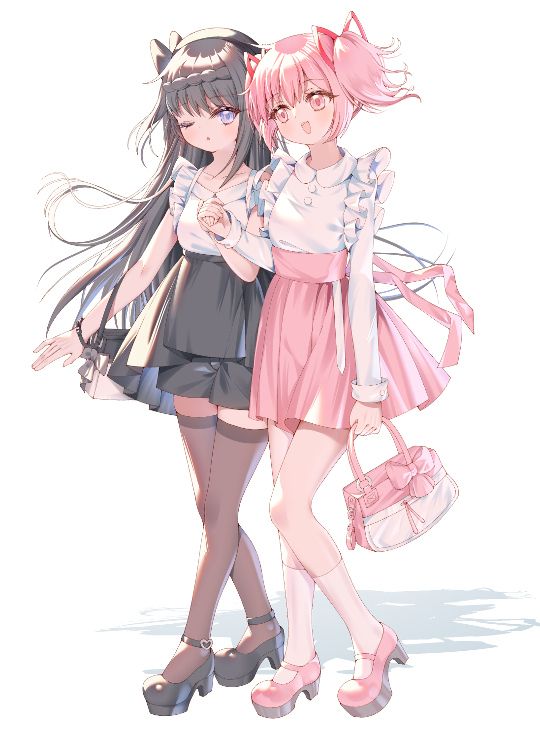 jiaxi daze, akemi homura, kaname madoka, mahou shoujo madoka magica, highres, 2girls, :d, bag, beret, black bow, black bra, black hair, black hat, black shoes, black shorts, black skirt, black thighhighs, blush, bow, bra, bracelet, braid, casual, crown braid, frilled shirt, frills, full body, hair between eyes, hair ribbon, handbag, hat, high-waist skirt, holding, holding bag, holding hands, jewelry, long hair, long sleeves, looking at another, multiple girls, one eye closed, open mouth, overskirt, pink bag, pink eyes, pink hair, pink shoes, pink skirt, platform heels, purple eyes, ribbon, round collar, shirt, shoes, short hair, short twintails, shorts, shorts under skirt, simple background, skirt, sleeveless, sleeveless shirt, smile, socks, thighhighs, triangle mouth, twintails, underwear, walking, white background, white shirt, white socks, yuri