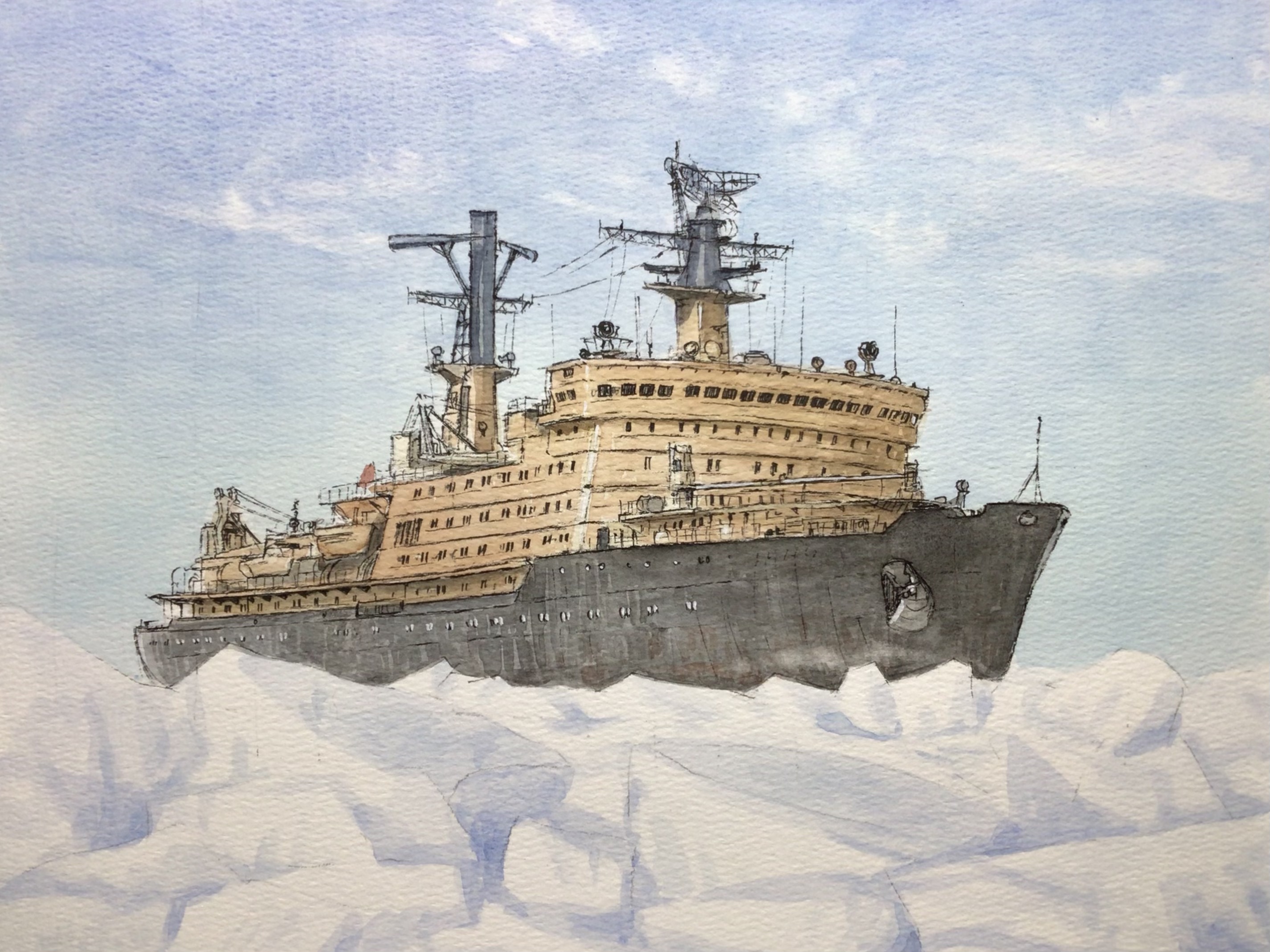 atelier bono, original, commentary request, highres, painting (medium), traditional media, watercolor (medium), arktika (icebreaker), blue sky, cloud, ice, iceberg, icebreaker ship, mast, military vehicle, no humans, outdoors, radar, ship, sky, soviet flag, vehicle focus, warship, watercraft