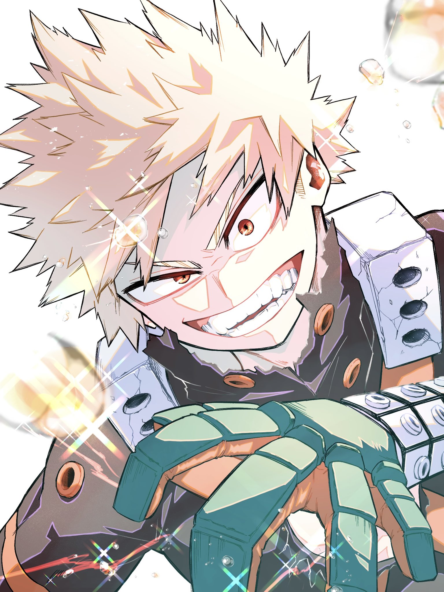 tomomin 1129, bakugou katsuki, boku no hero academia, commentary request, highres, 1boy, arm up, black shirt, dutch angle, explosion, gloves, grin, male focus, multicolored gloves, orange trim, parted bangs, red eyes, shirt, short hair, smile, solo, sparkle, spiked hair, teeth, torn clothes, uneven eyes, upper body, white background, wide-eyed