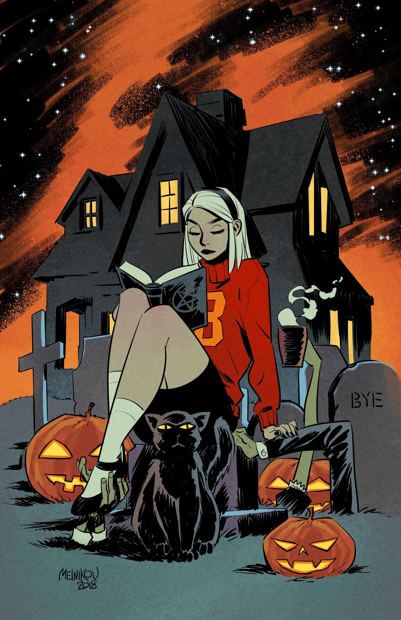 character request, copyright request, highres, 1girl, animal, black cat, black nails, black skirt, blonde hair, book, cat, cup, ermahgerddon, hairband, holding, holding book, holding cup, pumpkin, red sweater, signature, sitting, skirt, smoke, socks, star symbol, sweater, white socks, zombie