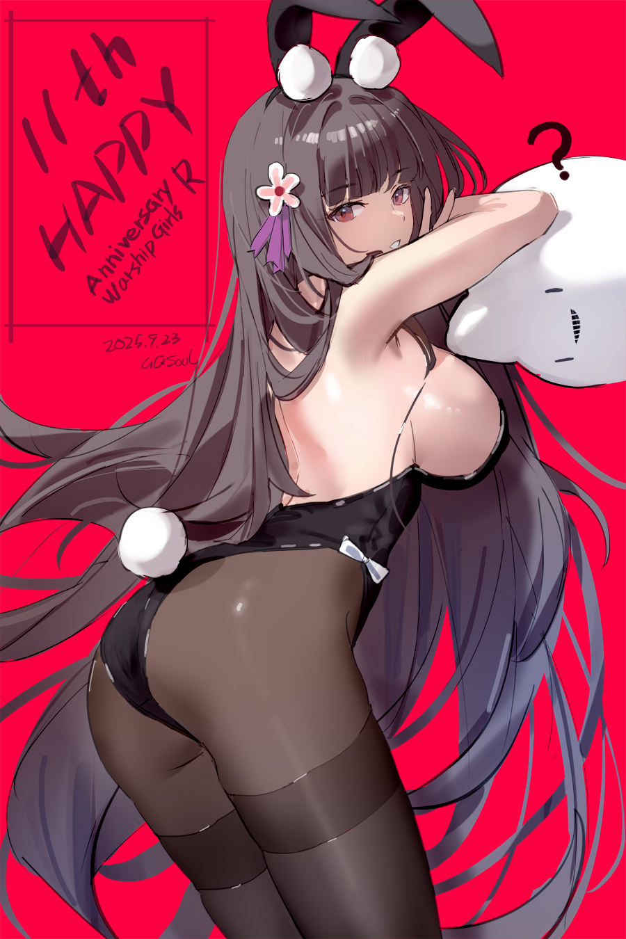 miyazakisoul, akagi (warship girls r), warship girls r, highres, 1girl, ass, bare back, bare shoulders, black hair, breasts, hair ornament, large breasts, long hair, looking at viewer, pantyhose, parted lips, rabbit ears, rabbit tail, red background, sideboob