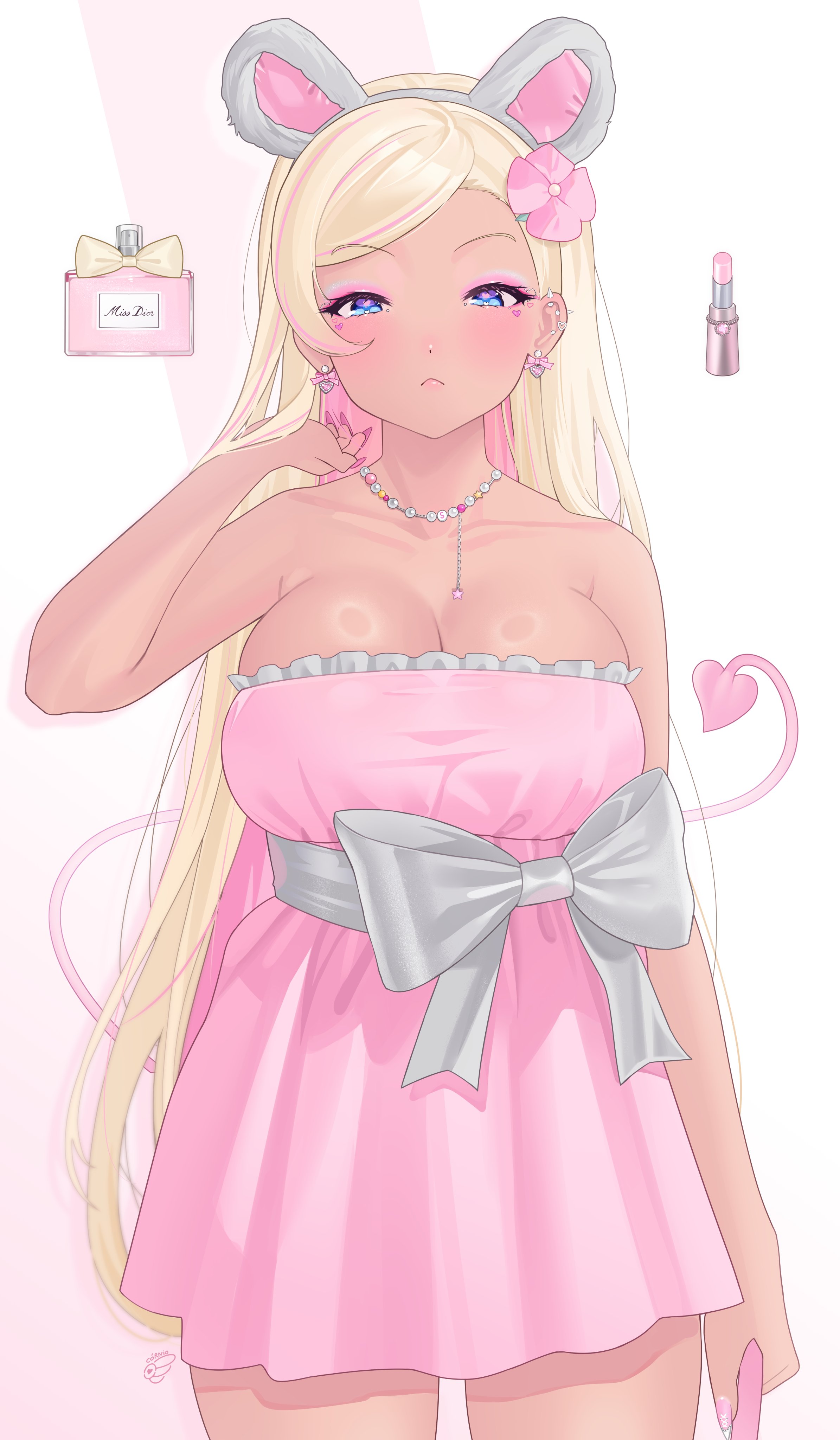corniolanches, original, absurdres, commentary, english commentary, highres, 1girl, :<, animal ear hairband, animal ears, bead necklace, beads, blonde hair, blue eyes, blush, bottle, bow, breasts, colored inner hair, cosmetics, cowboy shot, demon tail, dress, ear piercing, earrings, eyeshadow, facial mark, fake animal ears, fingernails, flower, hair flower, hair ornament, hairband, hand up, heart, heart earrings, heart facial mark, jewelry, large breasts, lipstick tube, long fingernails, long hair, makeup, mouse ears, multicolored hair, nail polish, necklace, perfume bottle, piercing, pink eyeshadow, pink hair, short dress, skindentation, solo, strapless, strapless dress, tail, tan, very long hair, waist bow