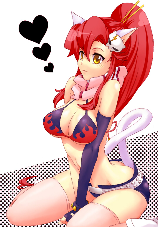 sako (namocake), yoko littner, tengen toppa gurren lagann, bad id, bad pixiv id, 00s, 1girl, :3, animal ears, belt, bikini, bikini top only, breasts, breasts squeezed together, cat ears, cat tail, cleavage, elbow gloves, female focus, fingerless gloves, gloves, hair ornament, hairclip, heart, large breasts, long hair, ponytail, red hair, scarf, short shorts, shorts, sitting, solo, swimsuit, tail, thighhighs, yellow eyes