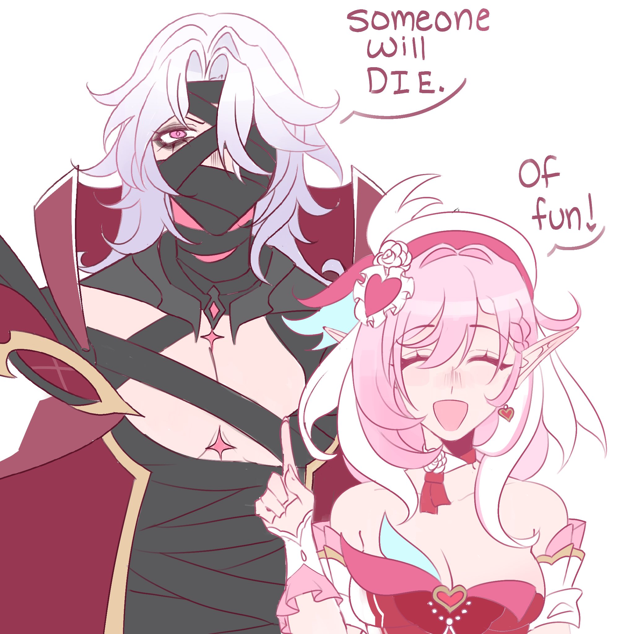 elysia (hi love elf) (honkai impact), elysia (honkai impact), rerir (genshin impact), genshin impact, honkai (series), honkai impact 3rd, mihoyo, commentary, english commentary, highres, 1boy, 1girl, :d, bandaged torso, bare pectorals, bare shoulders, beret, black bandages, breasts, cape, cleavage, closed eyes, dress, earrings, elf, english text, gem, gloves, hair ornament, hat, heart, heart earrings, heart hair ornament, jewelry, large breasts, meme, milkyuu, multicolored hair, mystical high collar, one eye covered, open mouth, parted hair, pectorals, pink eyes, pink hair, pointy ears, purple eyes, red cape, red dress, short hair, simple background, smile, someone will die. of fun. (meme), two-tone hair, upper body, white background, white gloves, white hair, white hat, white streaks