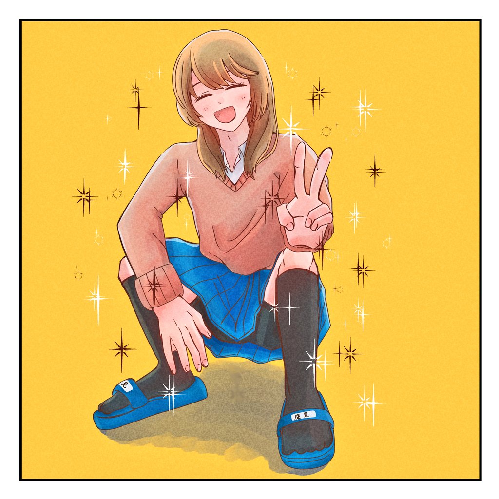 futsunonakawa, takami kouki, futsuu no keion-bu, commentary request, 1boy, :d, black socks, blue sandals, blue skirt, blush, brown hair, closed eyes, collared shirt, crossdressing, crossdressing (mtf), full body, long hair, long sleeves, male focus, name tag, open mouth, pleated skirt, red sweater, sandals, school uniform, shirt, skirt, slides, smile, socks, solo, sparkle, squatting, sweater, swept bangs, trap, v, white shirt, yellow background