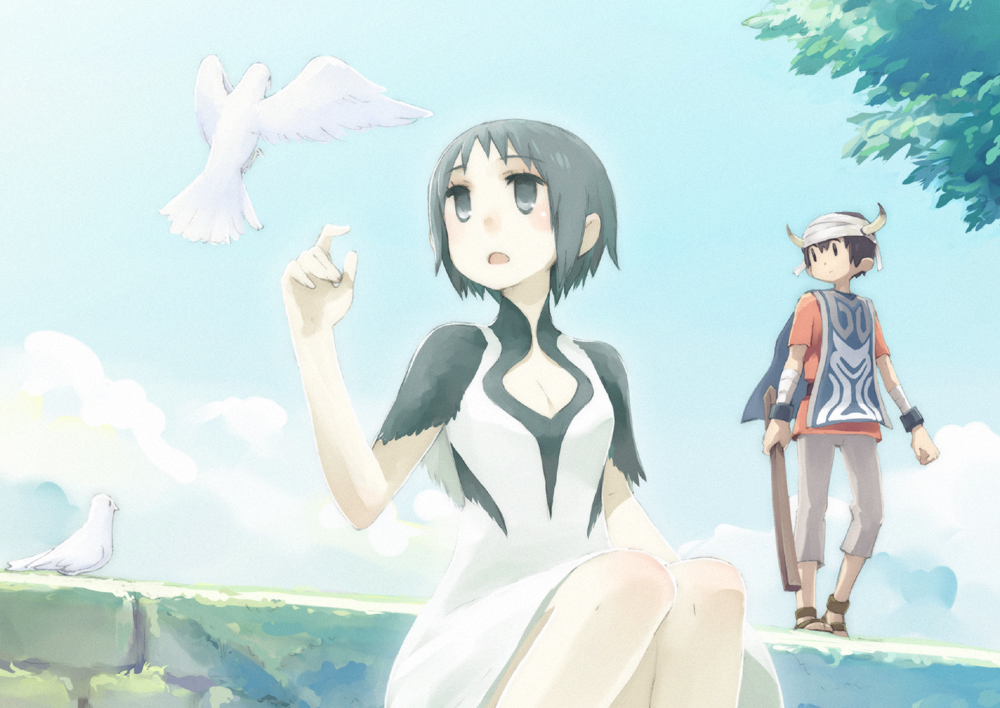 chan co, ico (character), yorda, ico, wall, wood, 1boy, 1girl, bird, black eyes, black hair, cleavage cutout, clothing cutout, cloud, day, dove, dress, horns, knees, moss, open mouth, sandals, short hair, sitting, sky, standing, surcoat, tabard, tree, weapon, wristband