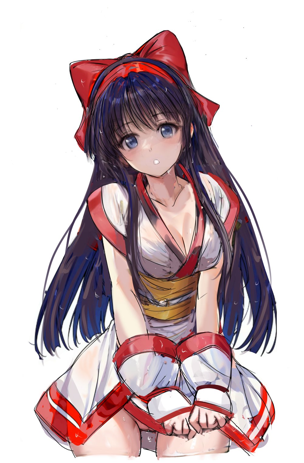 nakoruru, samurai spirits, snk, the king of fighters, highres, 1girl, ainu clothes, blue eyes, blush, breasts, cleavage, fingerless gloves, gloves, hair ribbon, large breasts, legs, lifting own clothes, long hair, looking at viewer, no panties, parted lips, purple hair, pussy, pussy peek, ribbon, solo, teeth, thick thighs, thighs, very long hair, wet