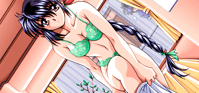 na-ga, sweet days, game cg, non-web source, 4bpp, black hair, bra, braid, brown eyes, dutch angle, lingerie, long hair, matching underwear, panties, pc-98 (style), peeking, underwear, underwear only, undressing, very long hair