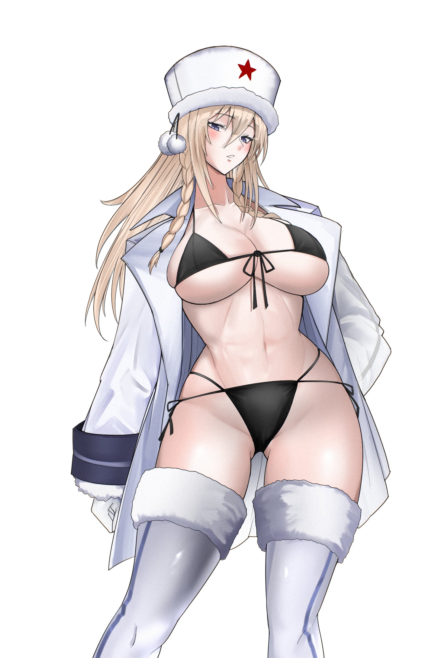 swavigg, dp28 (girls' frontline), girls' frontline, highres, 1girl, bikini, black bikini, blonde hair, blue eyes, braid, breasts, cleavage, collarbone, fur hat, fur trim, gloves, hair between eyes, hat, large breasts, long hair, looking at viewer, navel, papakha, red star, side-tie bikini bottom, simple background, solo, star (symbol), stomach, string bikini, swimsuit, thighhighs, white background, white gloves