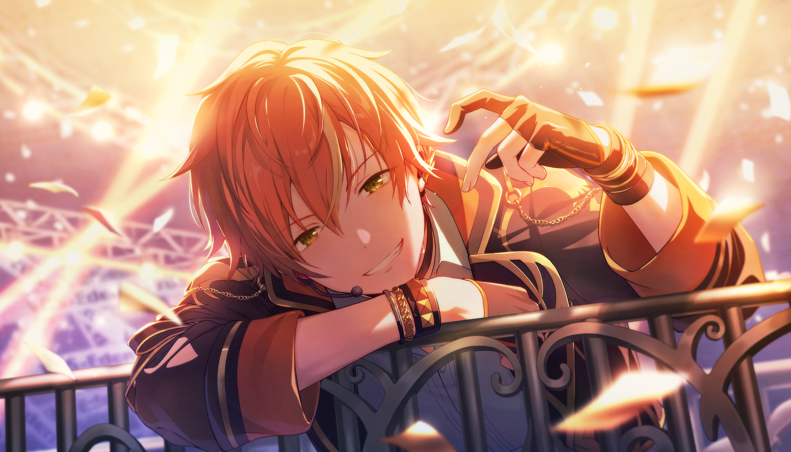 colorful palette, shinonome akito, project sekai, game cg, highres, official art, third-party source, 1boy, backlighting, black gloves, black jacket, blonde hair, collared shirt, fingerless gloves, gloves, grin, headset, jacket, looking at viewer, male focus, multicolored hair, official alternate costume, orange hair, shirt, smile, solo, streaked hair, teeth, two-tone hair, white shirt, yellow eyes