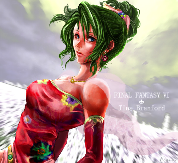 henyo, tina branford, final fantasy, final fantasy vi, bad id, bad pixiv id, 1990s (style), blue eyes, detached sleeves, earrings, green hair, jewelry, retro artstyle, solo