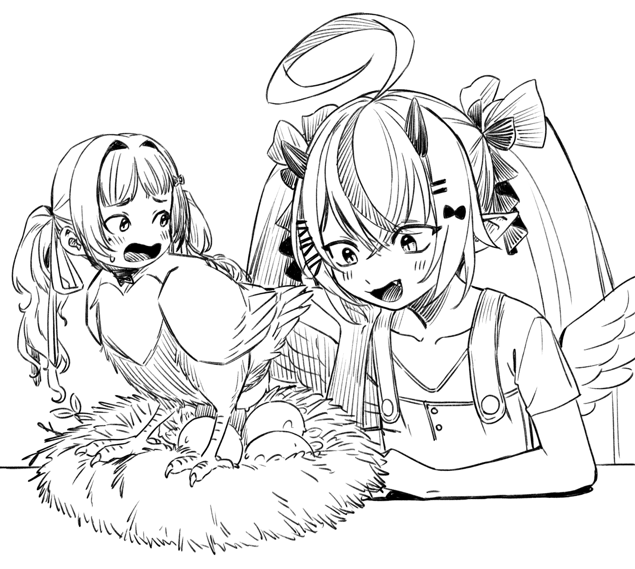 agemmata, remilia nephys, phase connect, character request, commentary, english commentary, highres, 2girls, :d, ahoge, angel wings, animalization, bird, blush, chicken, collarbone, egg, egg laying, elbow rest, fang, greyscale, hair between eyes, hair intakes, hair ornament, hairclip, horns, huge ahoge, human head, long hair, monochrome, multicolored hair, multiple girls, nest, open mouth, pointy ears, short sleeves, simple background, smile, streaked hair, twintails, two-tone hair, virtual youtuber, wings
