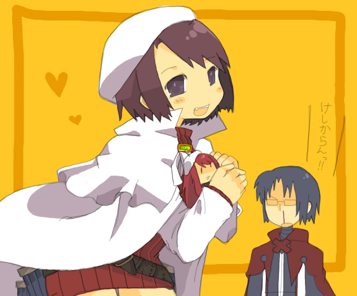 anno aano, aty, aty (summon night), nesty, toris, summon night, summon night 2, summon night 3, 1boy, 1girl, aty (cosplay), aty (summon night) (cosplay), belt, beret, blood, blush, cape, character doll, cosplay, doll, glasses, hat, heart, nosebleed, short hair, turtleneck