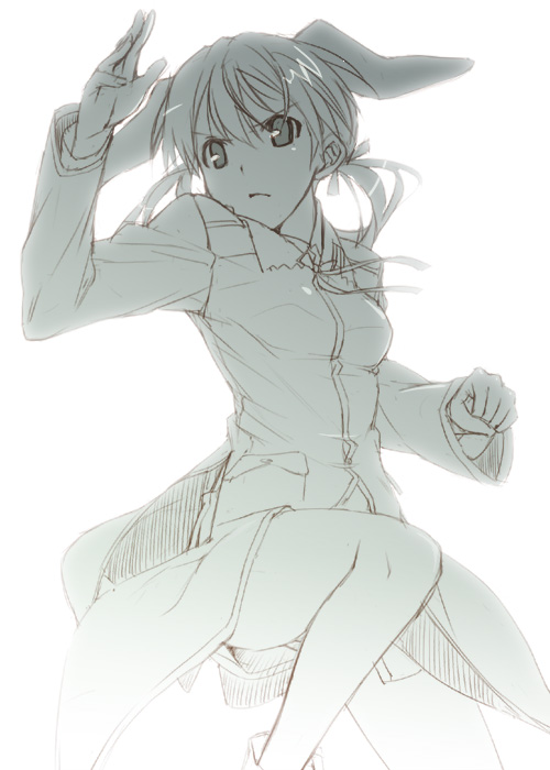 mizuki makoto, gertrud barkhorn, strike witches, world witches series, uniform, 00s, 1girl, animal ears, dog ears, female focus, fighting stance, green theme, long sleeves, looking at viewer, monochrome, short hair, simple background, solo, white background