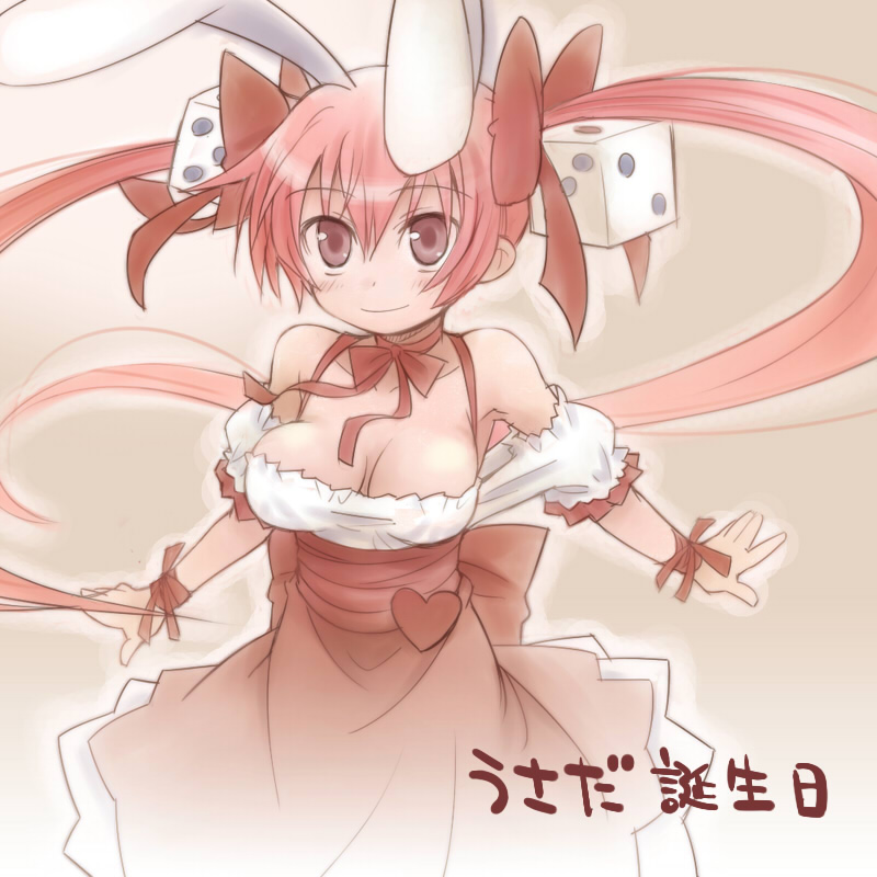saxyun, usada hikaru, di gi charat, translated, 1girl, animal ears, bare shoulders, breasts, cleavage, detached sleeves, dice, dress, female focus, gradient background, hair ornament, hair ribbon, halterneck, heart, long hair, pink eyes, pink hair, rabbit ears, ribbon, smile, solo, twintails