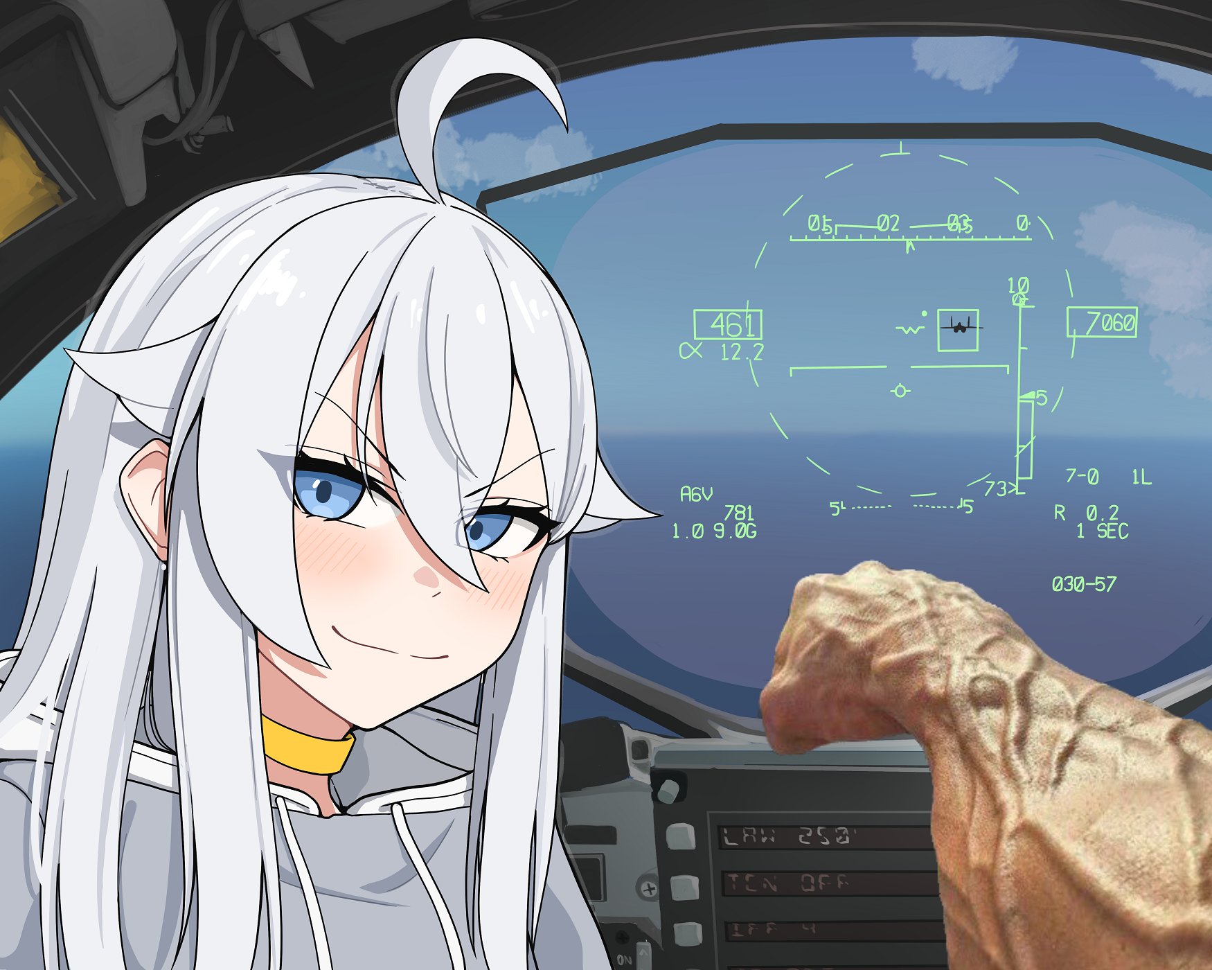 atamonica, aim-120 amraam (atamonica), original, commentary, english commentary, highres, 1girl, ahoge, aircraft, airplane, asgore running over dess (meme), blue eyes, blue sky, choker, closed mouth, cockpit, fighter jet, grey hair, grey hoodie, hair flaps, hood, hood down, hoodie, long hair, meme, military vehicle, multiple views, pov, pov hands, sky, smile, v-shaped eyebrows, yellow choker