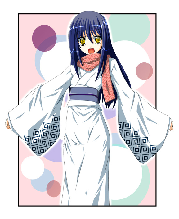 fumihiro, yuki onna (nurarihyon no mago), nurarihyon no mago, 1girl, blue hair, female focus, japanese clothes, kimono, ringed eyes, scarf, solo, yellow eyes, yuki onna