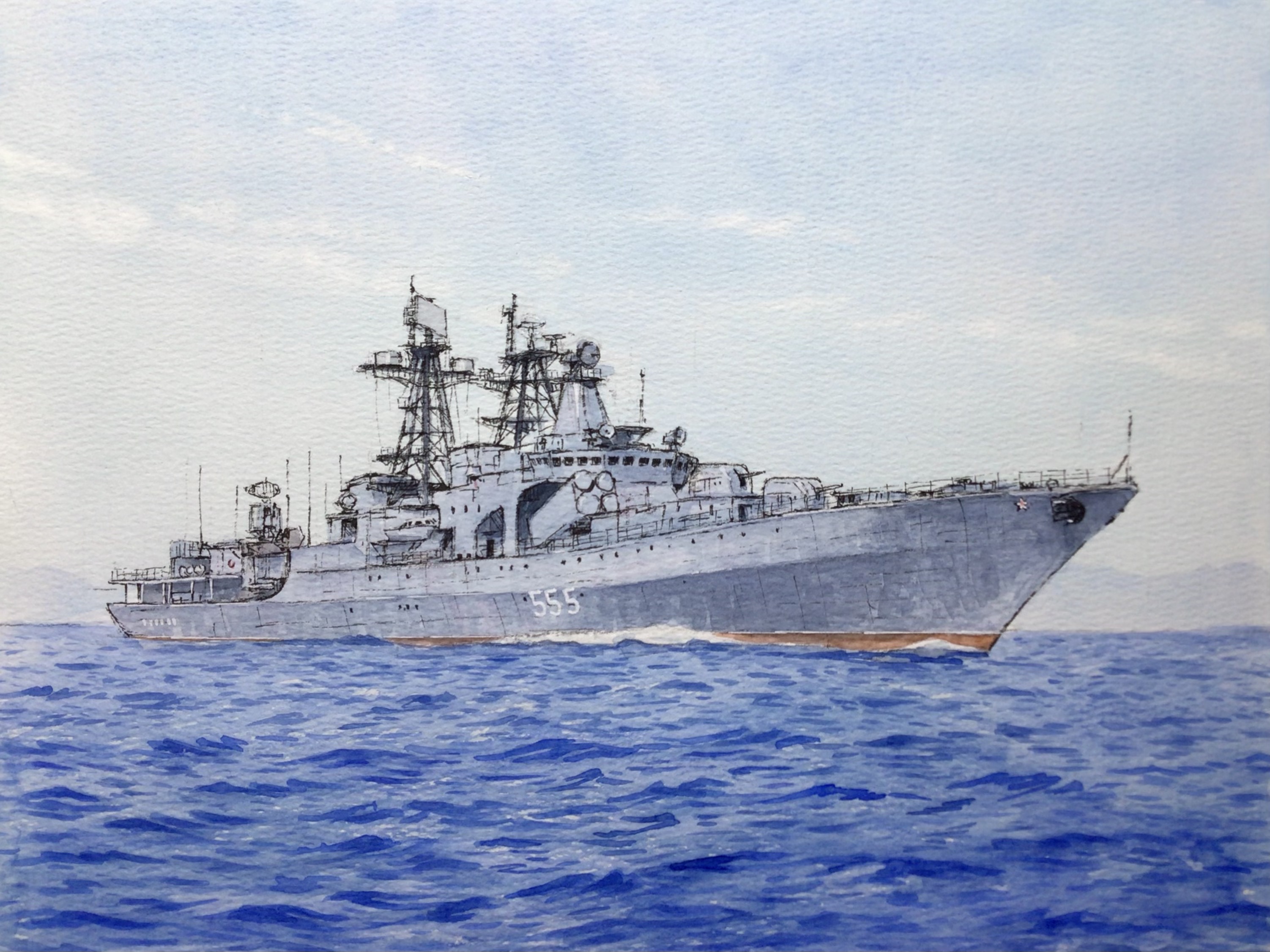 atelier bono, original, commentary request, highres, painting (medium), traditional media, watercolor (medium), blue sky, cannon, cloud, destroyer, marshal shaposhnikov (destroyer), mast, military vehicle, no humans, ocean, outdoors, radar, rocket launcher, sailing, scenery, ship, ship turret, sky, smokestack, soviet navy, vehicle focus, warship, watercraft, waves, weapon