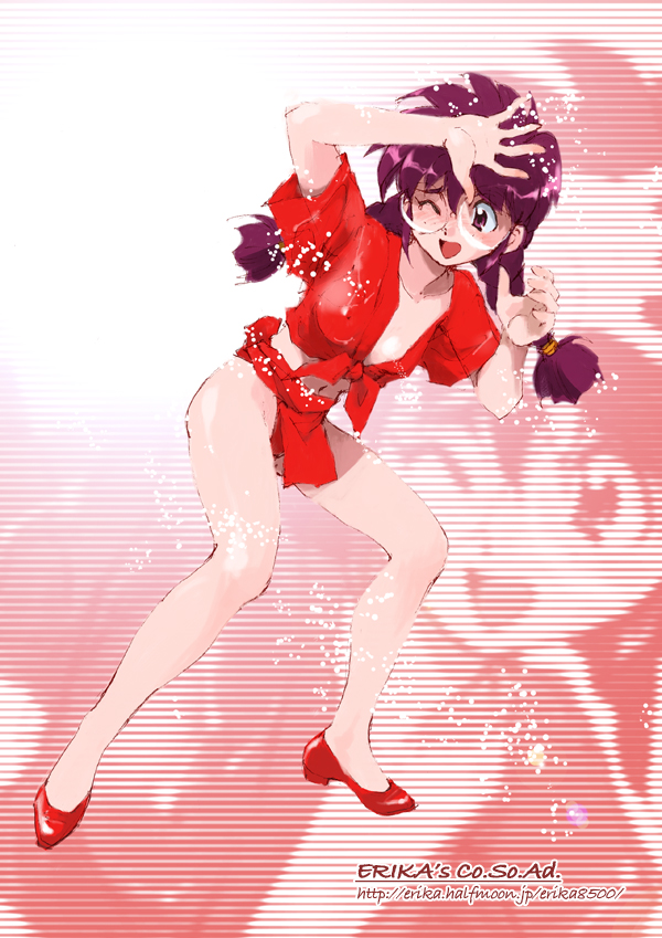 shibata masahiro, ri kouran, sakura taisen, non-web source, 00s, 1girl, braid, breasts, covered erect nipples, female focus, freckles, fundoshi, glasses, japanese clothes, mizu happi, purple eyes, purple hair, small breasts, solo, splashing, sprinkle, twin braids