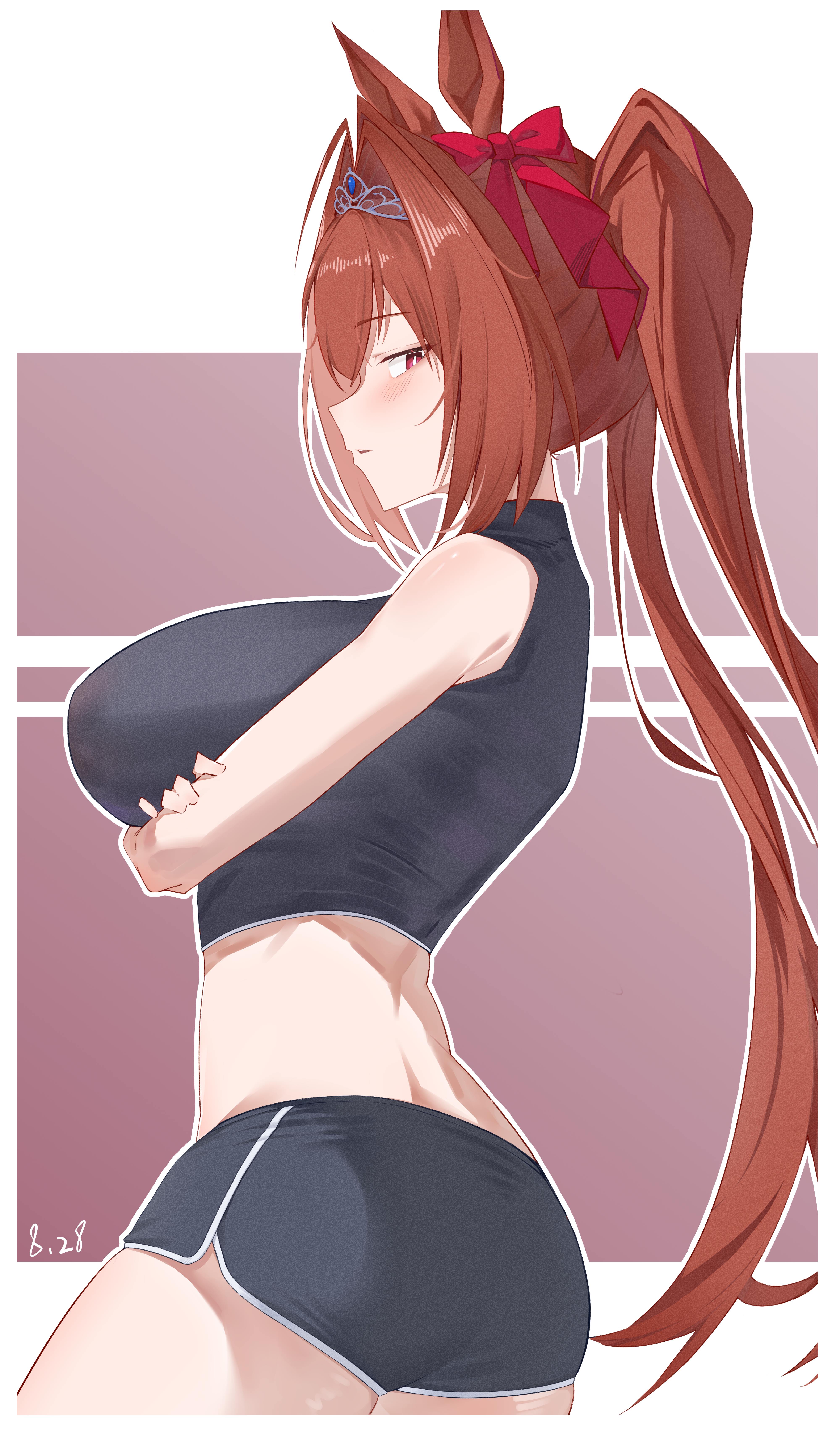 xiangzuo zhi, daiwa scarlet (umamusume), umamusume, absurdres, chinese commentary, commentary request, highres, 1girl, animal ears, arms under breasts, black shirt, blush, bow, breasts, dolphin shorts, dress, hair bow, hand up, horse ears, horse girl, horse tail, huge breasts, long hair, looking at viewer, parted lips, red bow, red eyes, shirt, short dress, shorts, sleeveless, sleeveless shirt, solo, tail, tiara, turtleneck, turtleneck shirt, twintails, very long hair
