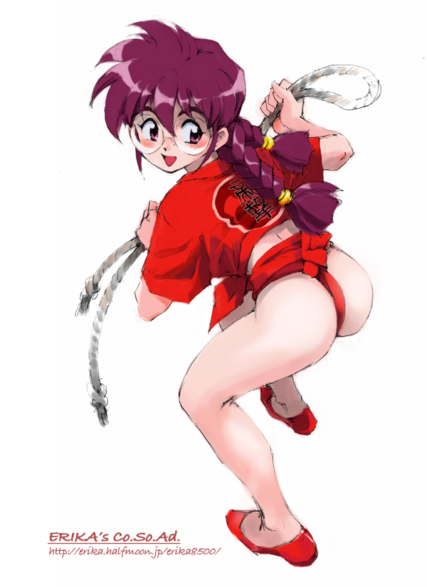 shibata masahiro, ri kouran, sakura taisen, non-web source, 00s, 1girl, ass, braid, female focus, freckles, fundoshi, glasses, japanese clothes, mizu happi, purple eyes, purple hair, rope, shimenawa, solo, twin braids