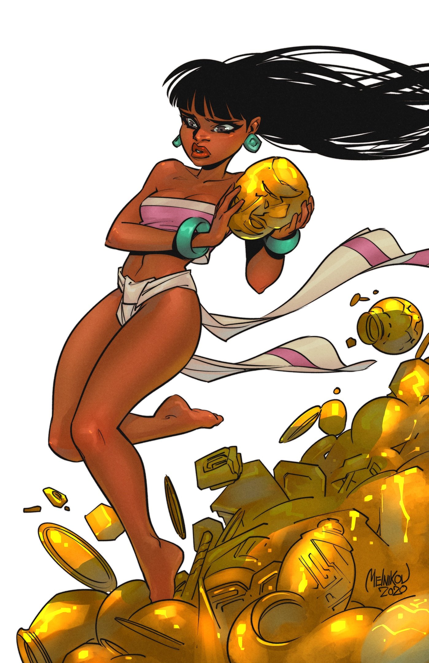 chel (el dorado), the road to el dorado, highres, 1girl, bandeau, bare shoulders, black hair, blunt bangs, bracelet, earrings, ermahgerddon, eyelashes, floating hair, full body, gold, holding, jewelry, long hair, navel, parted lips, pelvic curtain, red lips, signature, simple background, solo, white background