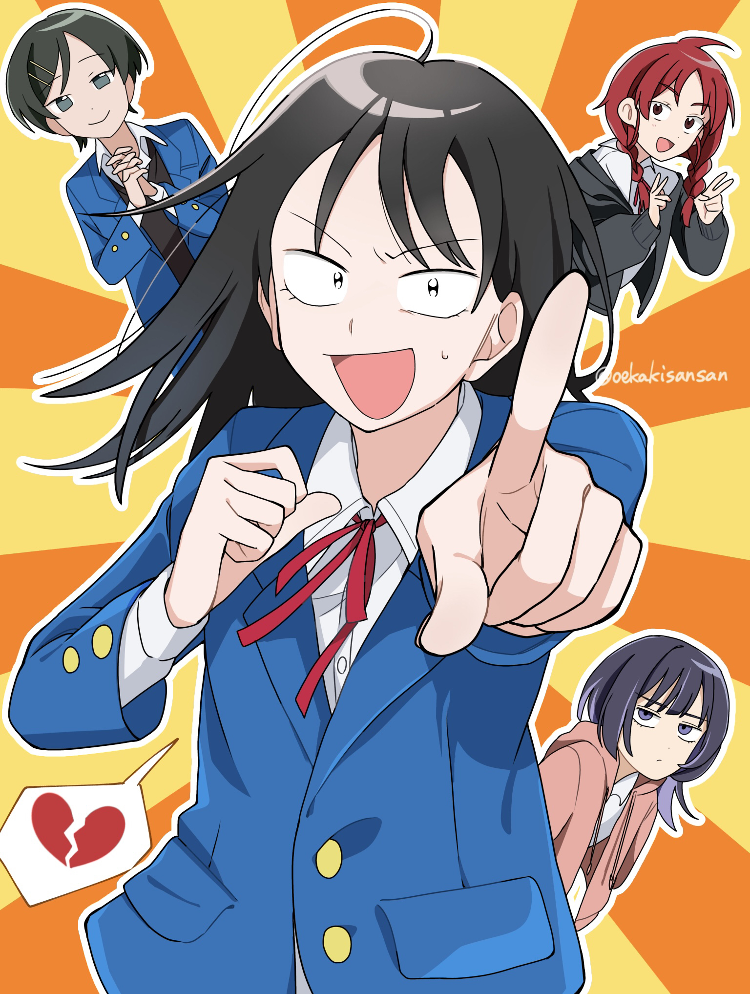 yamayama (oekakisansan), fujii ayame, hatono chihiro, heartbreak (futsuu no keion-bu), kouyama rin, uchida momo, futsuu no keion-bu, small pupils, commentary, highres, 4girls, :d, ahoge, black eyes, black hair, black jacket, black sweater, blazer, blue jacket, blunt bangs, braid, broken heart, collared shirt, double v, dress shirt, foreshortening, green eyes, hair ornament, hairpin, hands up, heart, hood, hood down, hooded jacket, index finger raised, jacket, jitome, lapels, long hair, long sleeves, looking at viewer, multicolored hair, multiple girls, neck ribbon, notched lapels, open clothes, open jacket, open mouth, outline, own hands clasped, own hands together, parted bangs, pink jacket, pixie cut, purple eyes, purple hair, red hair, red ribbon, ribbon, shirt, short hair, small sweatdrop, smile, speech bubble, spoken broken heart, sunburst, sunburst background, sweater, twin braids, twintails, twitter username, two-tone background, two-tone hair, upper body, v, v-shaped eyebrows, white outline, white shirt, wing collar, winter uniform, wolf cut
