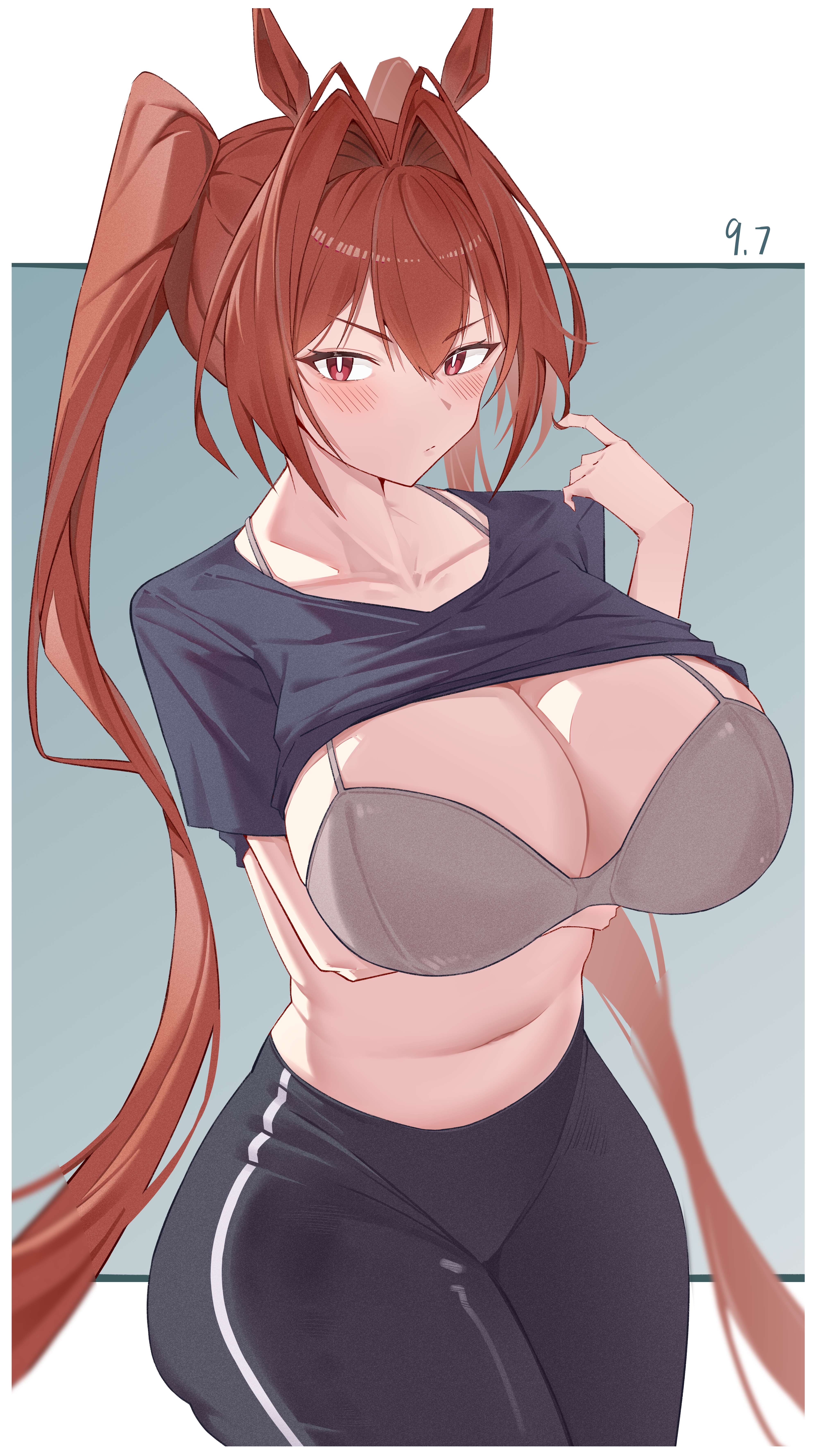 xiangzuo zhi, daiwa scarlet (umamusume), umamusume, absurdres, highres, 1girl, :/, animal ears, arm under breasts, averting eyes, black pants, black shirt, bra, breasts, brown hair, cleavage, closed mouth, clothes lift, embarrassed, furrowed brow, grey bra, hair between eyes, hair intakes, hand up, horse ears, horse girl, huge breasts, long hair, pants, red eyes, shirt, shirt lift, short sleeves, solo, stomach, underwear, very long hair, yoga pants