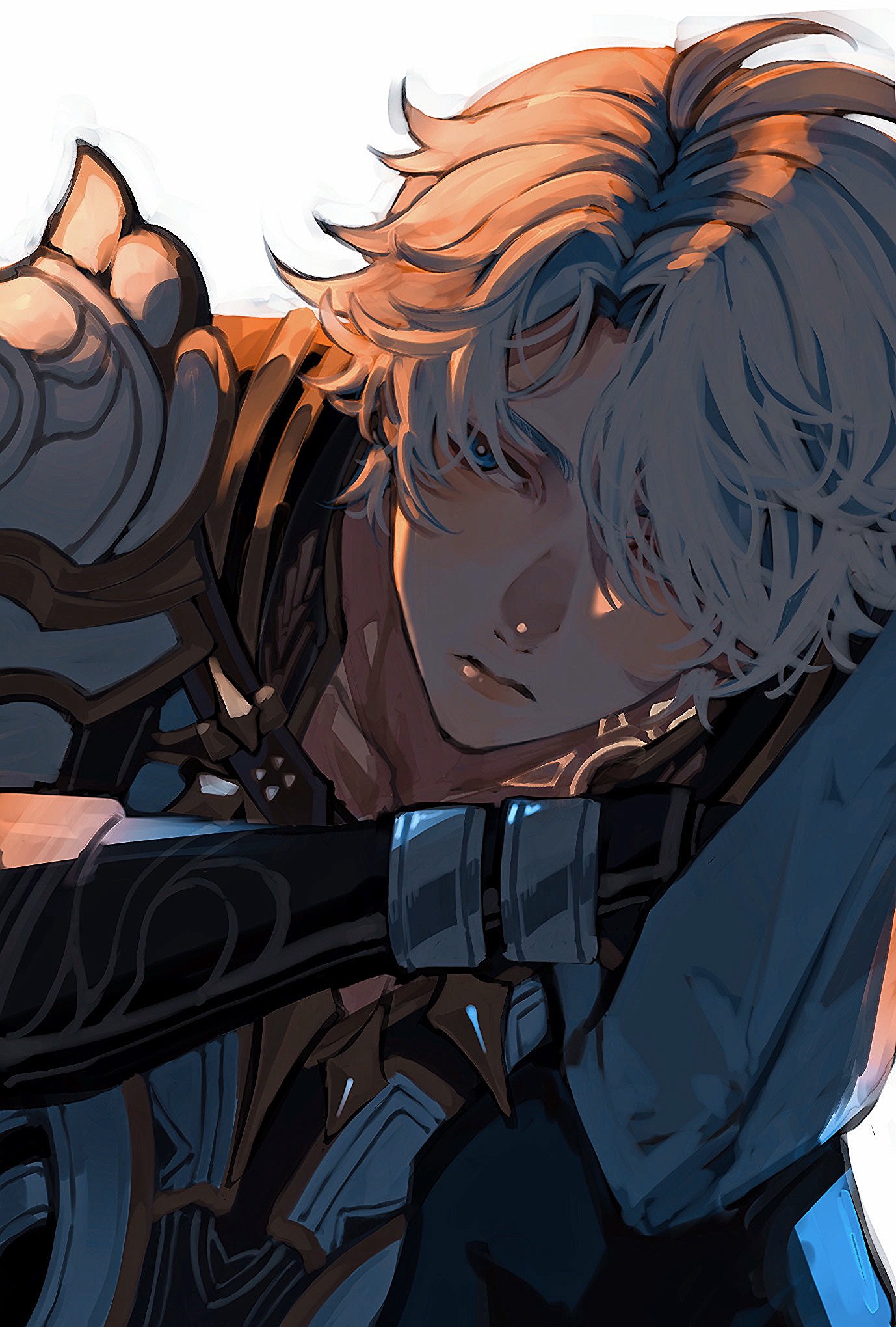koooootaaaaaaa3, phainon (honkai: star rail), honkai: star rail, honkai (series), commentary, hashtag-only commentary, highres, 1boy, antenna hair, armor, blue eyes, closed mouth, hair over one eye, lips, looking to the side, male focus, one eye covered, parted hair, pauldrons, shoulder armor, sideways glance, solo, upper body, white background