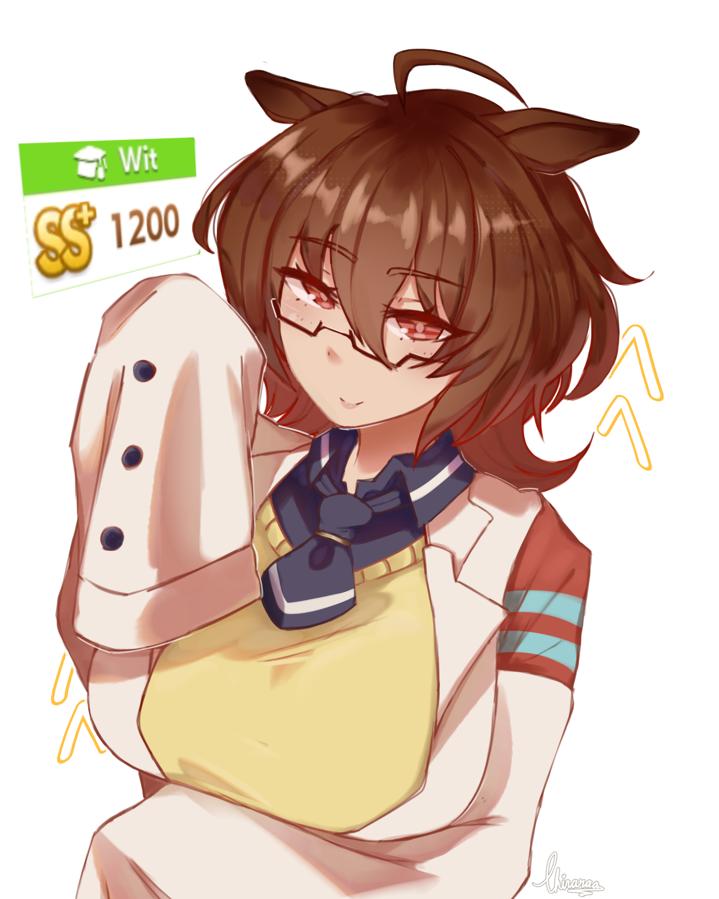 chiraraa, agnes tachyon (umamusume), umamusume, absurdres, highres, 1girl, ahoge, animal ears, arms under breasts, black necktie, black shirt, breasts, brown hair, closed mouth, coat, collared shirt, ears down, glass, hair between eyes, hand up, horse ears, horse girl, lab coat, large breasts, medium hair, necktie, open clothes, open coat, red eyes, semi-rimless eyewear, shirt, short necktie, simple background, sleeves past fingers, sleeves past wrists, smile, solo, split mouth, sweater, under-rim eyewear, white background, white coat, wolf cut, yellow sweater