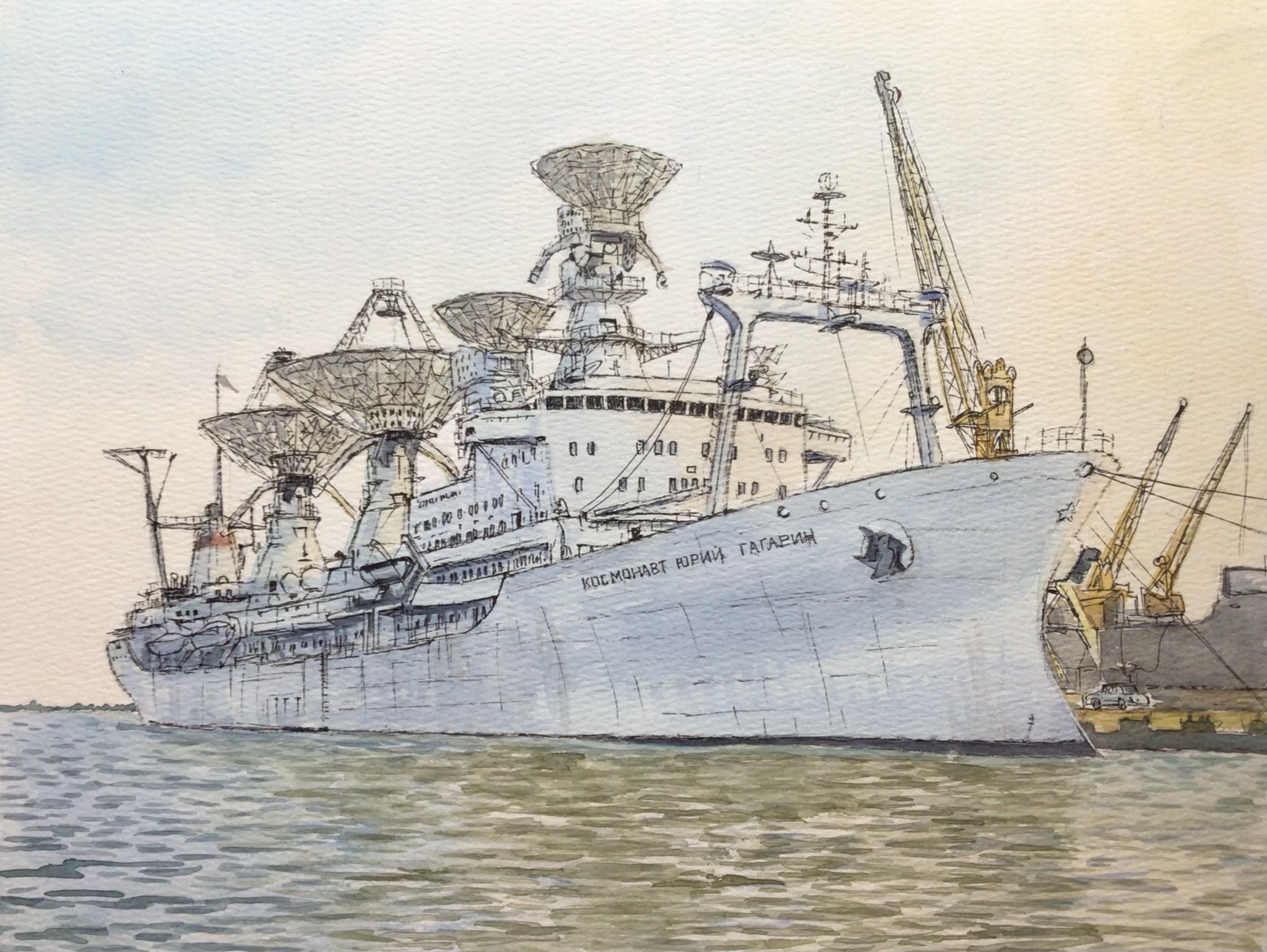 atelier bono, original, commentary request, highres, painting (medium), traditional media, watercolor (medium), anchor, cloud, crane (machine), kosmonavt yuriy gagarin (communications ship), mast, no humans, ocean, outdoors, port, radar, radio antenna, ship, sky, sunset, vehicle focus, watercraft, waves, yellow sky