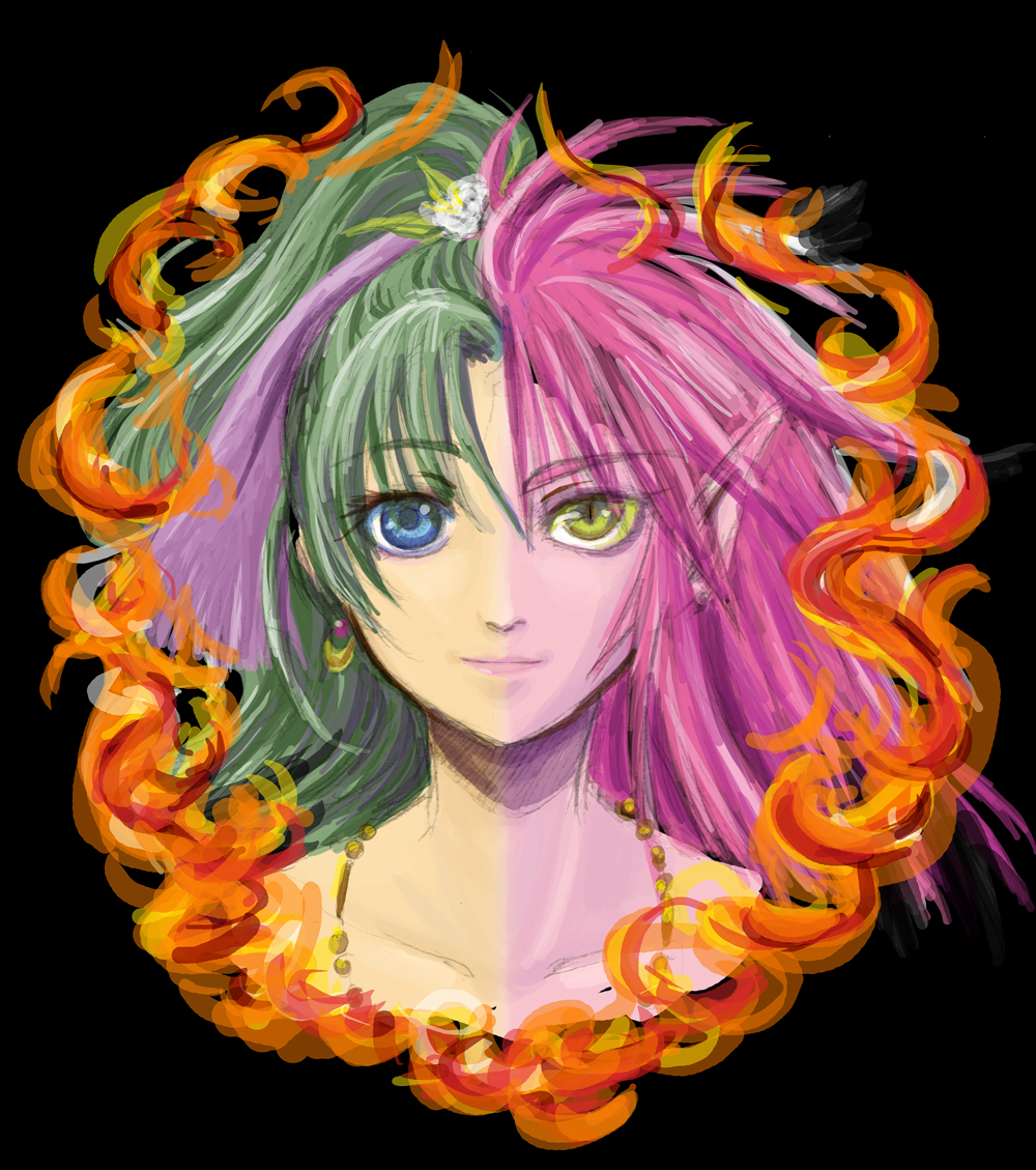 socha, tina branford, trance terra branford, final fantasy, final fantasy vi, psychic, 1990s (style), 1girl, blue eyes, colored skin, comparison, dual persona, earrings, female focus, green hair, jewelry, monster girl, pink hair, pink skin, pointy ears, retro artstyle, ribbon, simple background, slit pupils, solo, split screen, split theme, yellow eyes