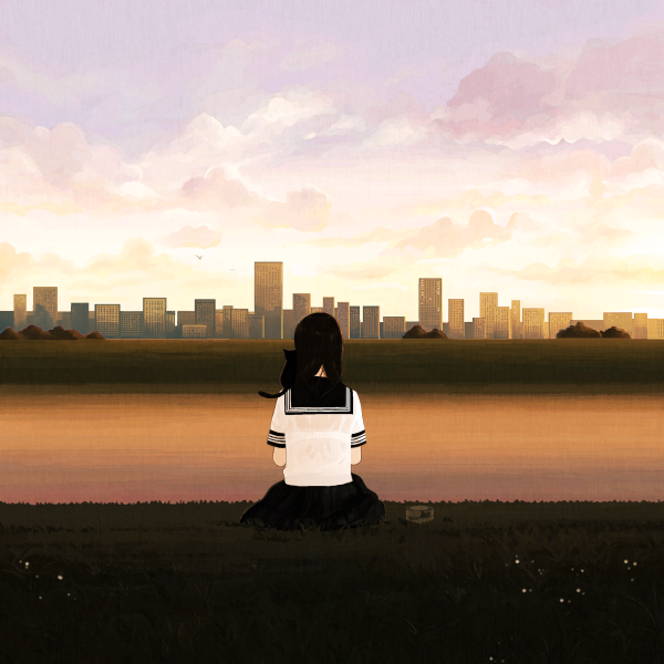 koyori (artist), kusanagi koyori, bad id, bad pixiv id, bra, building, cat, cityscape, grass, landscape, lingerie, river, scenery, school uniform, see-through clothes, serafuku, sky, solo, underwear