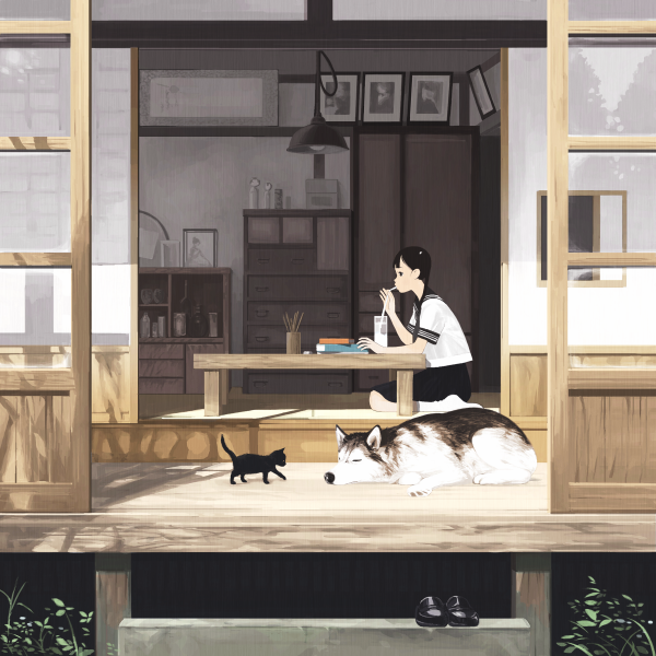 koyori (artist), kusanagi koyori, original, 1girl, animal, cat, dog, drinking, drinking straw, female focus, house, husky, school uniform, serafuku, shoes, slice of life, sliding doors, solo, unworn shoes