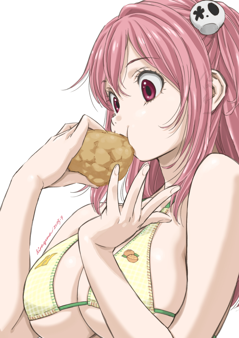 hirake goma, honoka (doa), dead or alive, 1girl, breasts, cleavage, eating, large breasts, long hair, official alternate costume, pink hair, red eyes, sideboob, solo, underboob