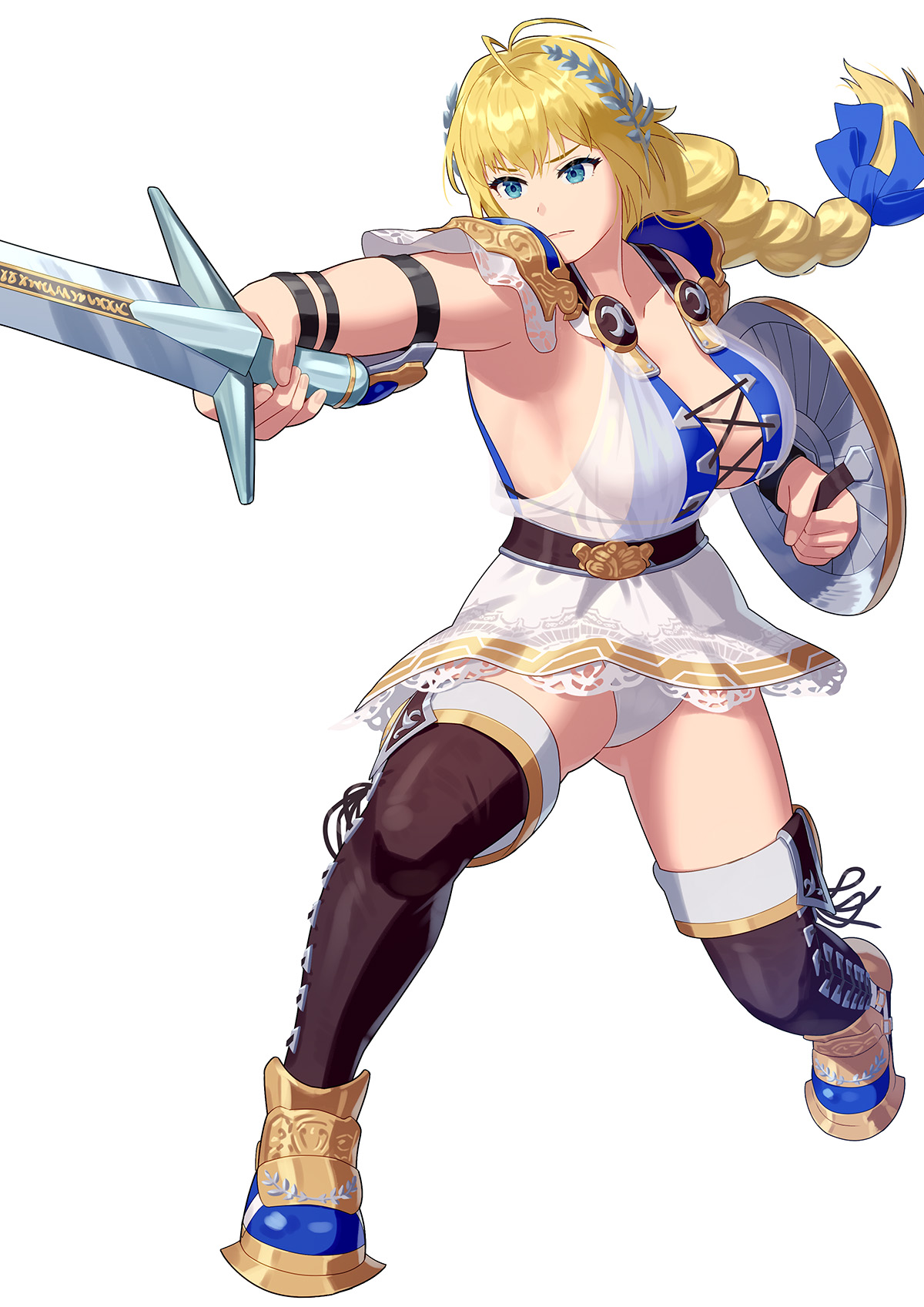 yagi2013, sophitia alexandra, namco, soul calibur, soulcalibur, soulcalibur vi, highres, 1girl, blonde hair, blue eyes, breasts, large breasts, long hair, shield, skirt, solo, sword, weapon