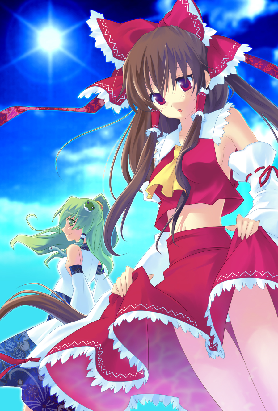 soukuu kizuna, hakurei reimu, kochiya sanae, touhou, highres, 2girls, brown hair, clothes lift, female focus, green hair, japanese clothes, long hair, midriff, miko, multiple girls, panties, ribbon, skirt, skirt lift, underwear, white panties