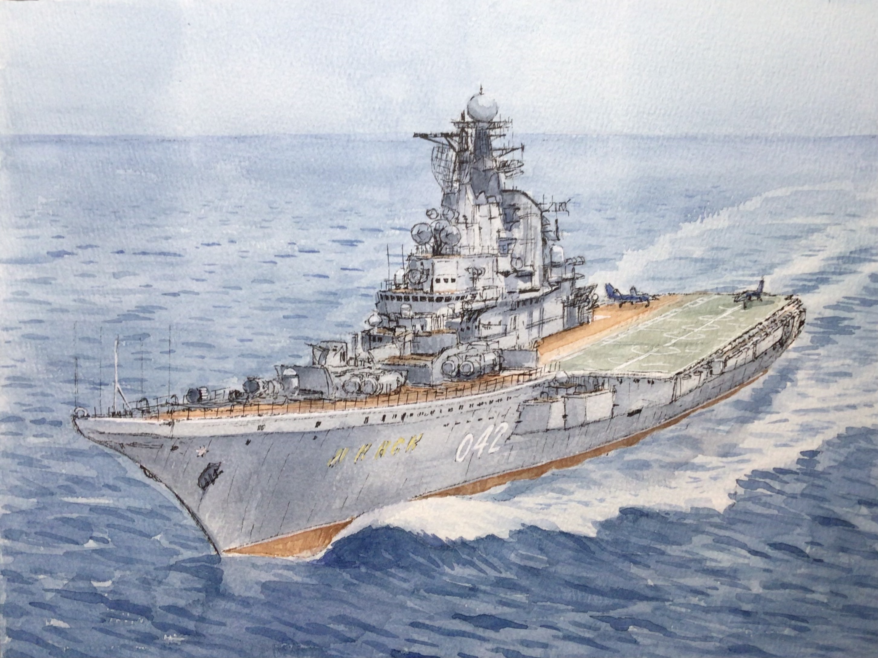 atelier bono, original, commentary request, highres, painting (medium), traditional media, watercolor (medium), aircraft, aircraft carrier, airplane, cloud, cloudy sky, mast, military vehicle, minsk (aircraft carrier), no humans, ocean, outdoors, radar, sailing, ship, sky, soviet navy, vehicle focus, warship, watercraft, waves