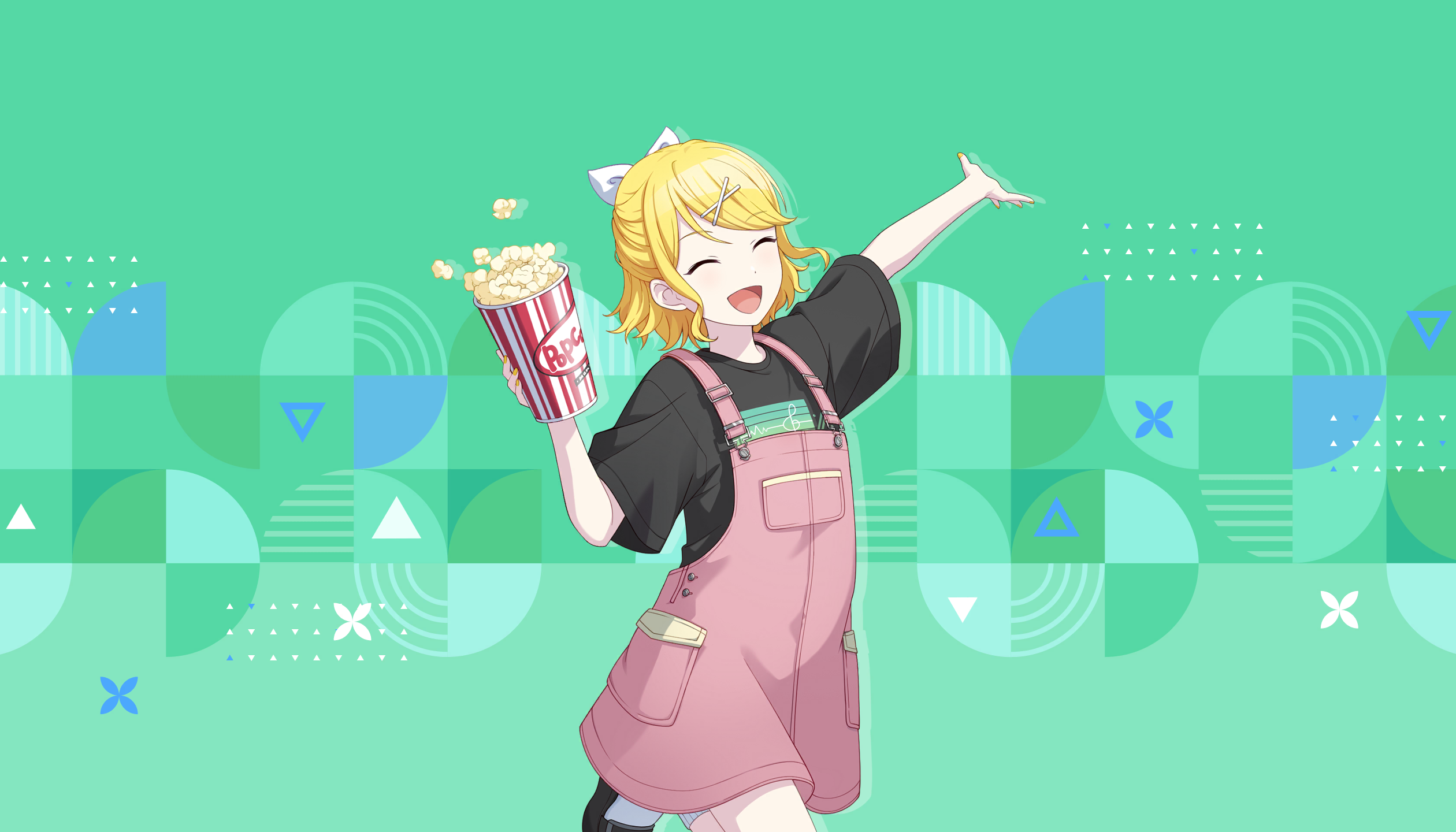 colorful palette, kagamine rin, project sekai, vocaloid, game cg, highres, official art, third-party source, 1girl, :d, ^ ^, alternate costume, black shirt, black shoes, bow, closed eyes, cup, food, green background, hair bow, hair ornament, holding, holding cup, leg up, open mouth, pink skirt, popcorn, shirt, shoes, skirt, smile, socks, solo, tongue, triangle, white bow, white socks, x hair ornament