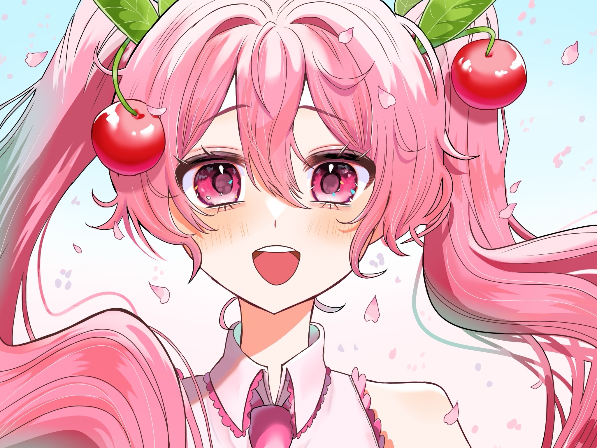ia34550364, hatsune miku, sakura miku, vocaloid, commentary request, highres, 1girl, blush, cherry blossoms, cherry hair ornament, collared shirt, falling petals, food-themed hair ornament, hair ornament, long hair, looking at viewer, necktie, open mouth, petals, pink eyes, pink hair, portrait, shirt, sleeveless, sleeveless shirt, smile, solo, twintails