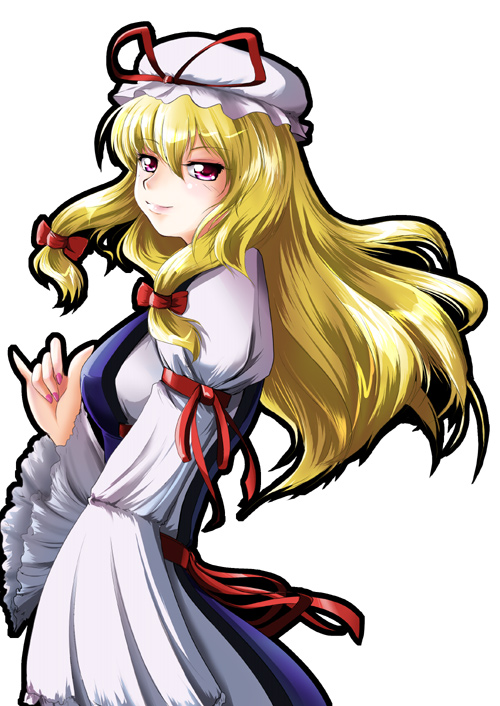 kanzuki yuu, yakumo yukari, touhou, 1girl, blonde hair, breasts, female focus, hat, long hair, ribbon, simple background, solo, white background